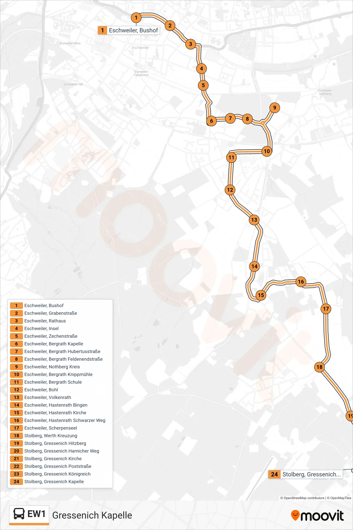 Linie EW1 (Bus) Richtung Gressenich Kapelle: Route und Haltestellen auf der Karte