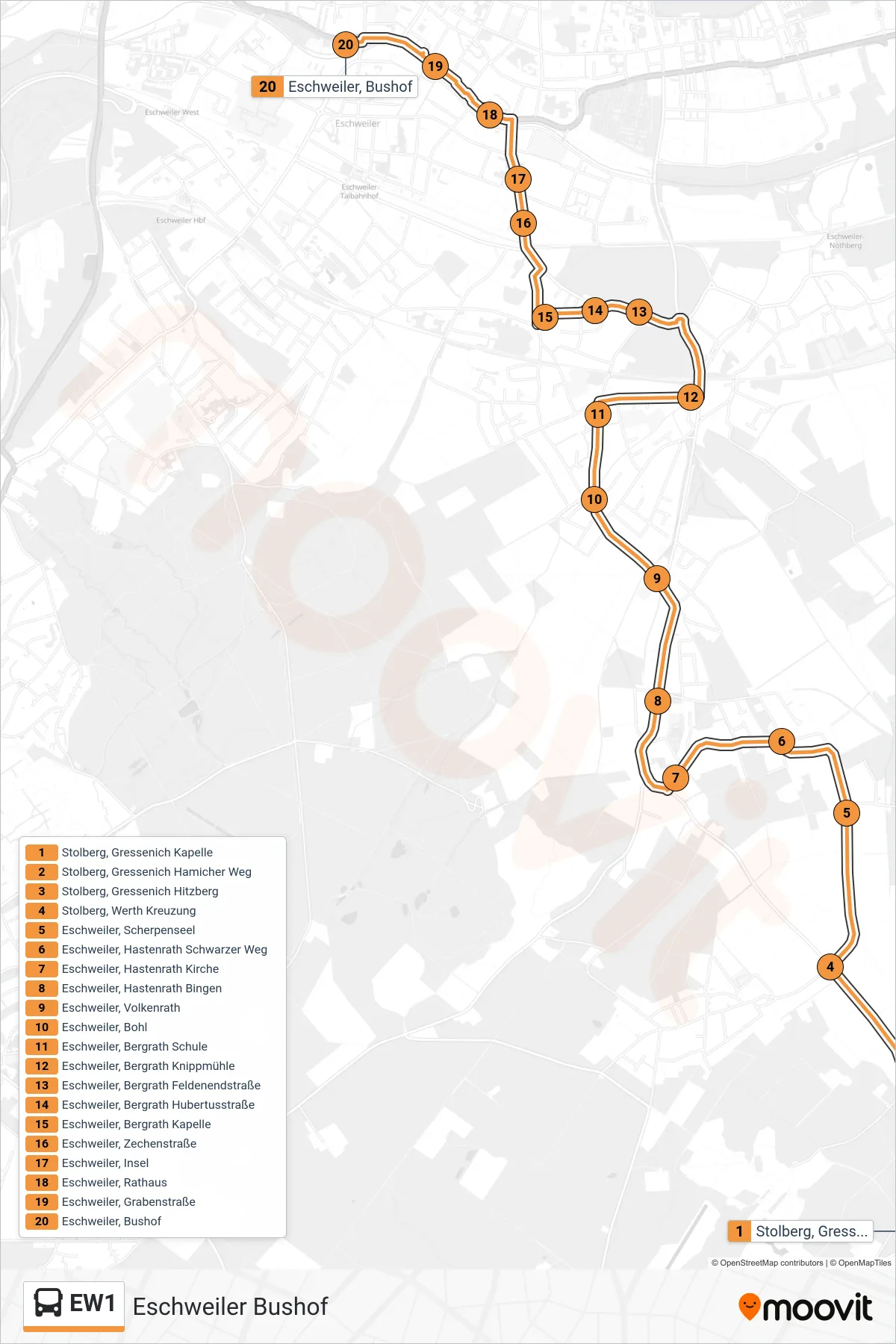 Linie EW1 (Bus) Richtung Eschweiler Bushof: Route und Haltestellen auf der Karte