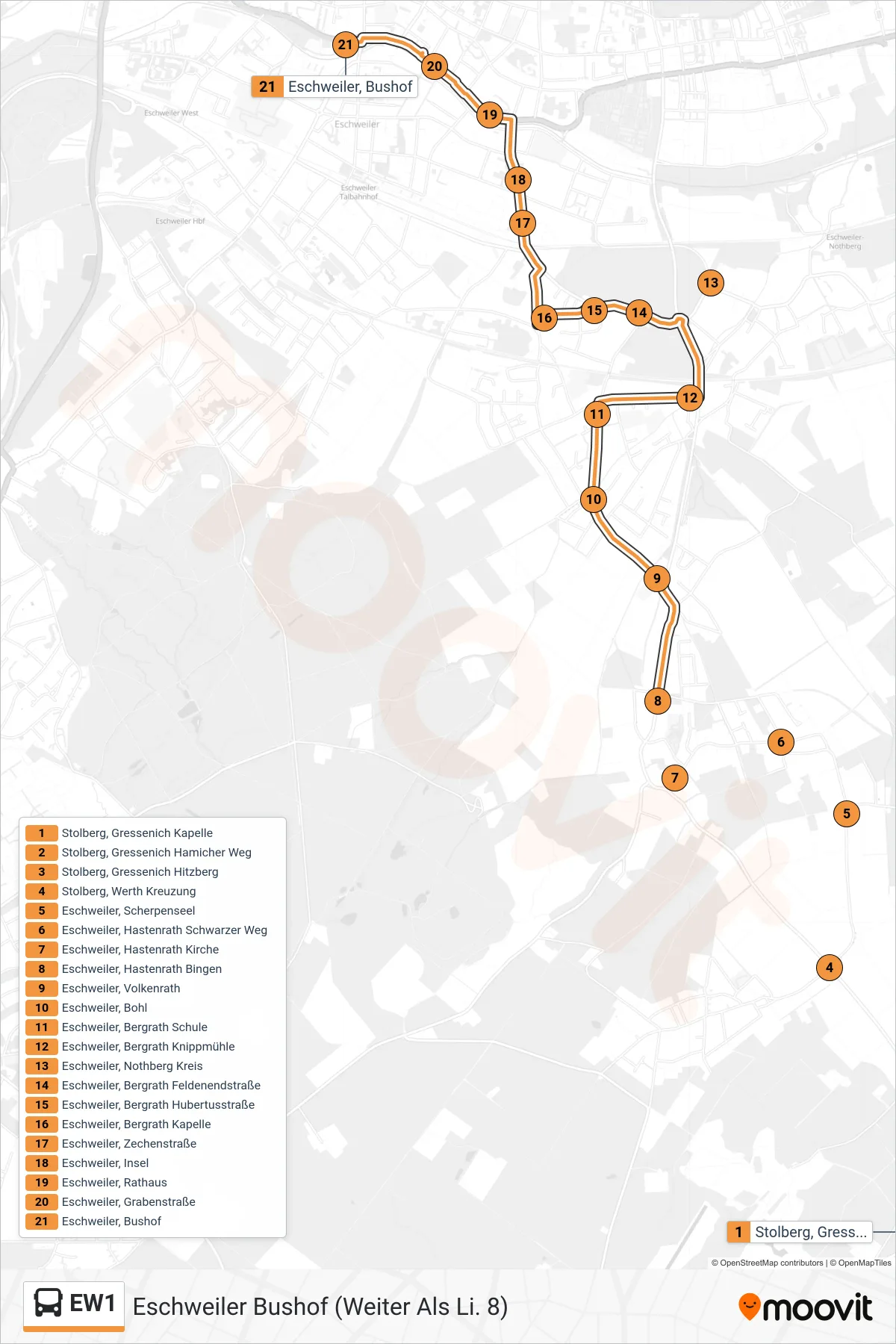 Linie EW1 (Bus) Richtung Eschweiler Bushof (Weiter Als Li. 8): Route und Haltestellen auf der Karte