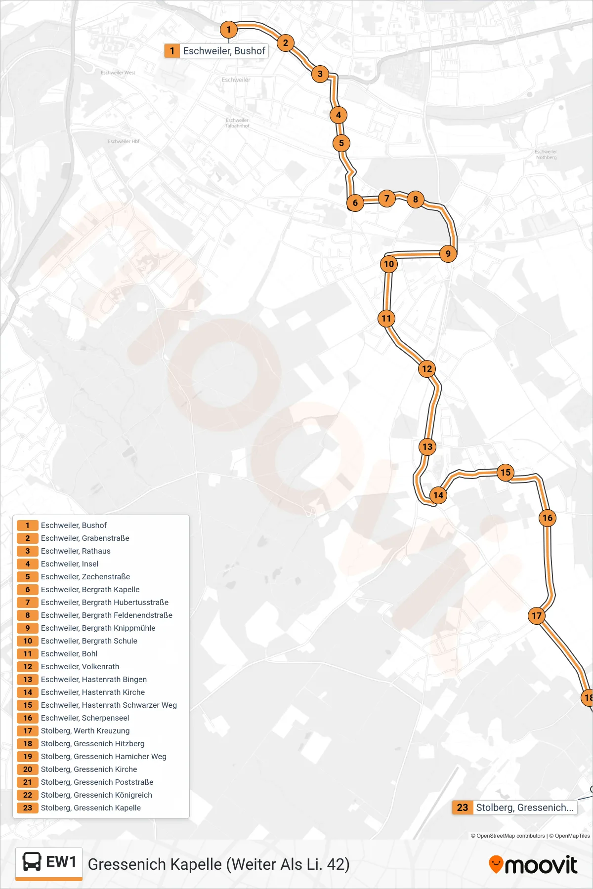 Linie EW1 (Bus) Richtung Gressenich Kapelle (Weiter Als Li. 42): Route und Haltestellen auf der Karte