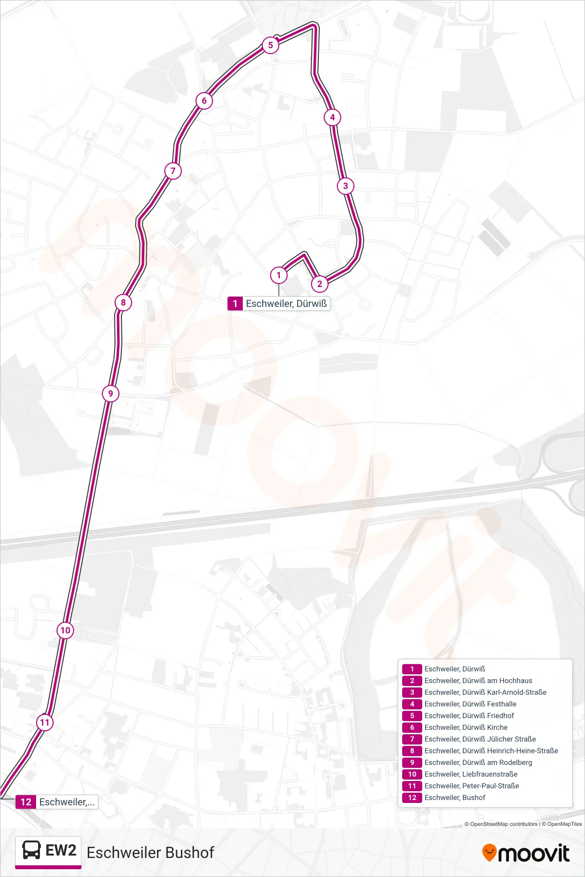 Linie EW2 (Bus) Richtung Eschweiler Bushof: Route und Haltestellen auf der Karte