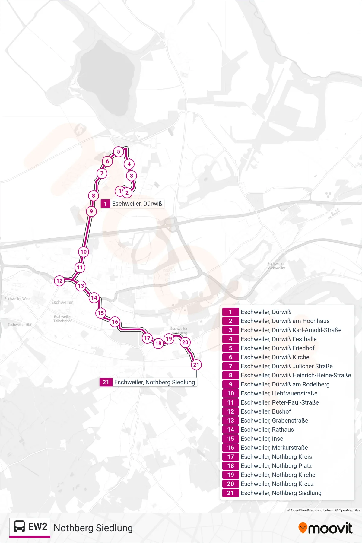 Linie EW2 (Bus) Richtung Nothberg Siedlung: Route und Haltestellen auf der Karte