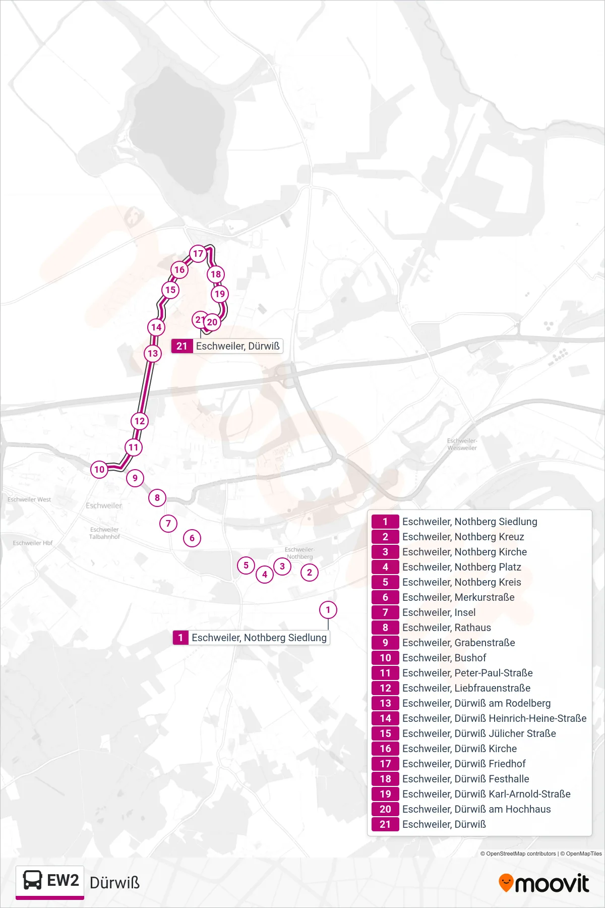 Linie EW2 (Bus) Richtung Dürwiß: Route und Haltestellen auf der Karte