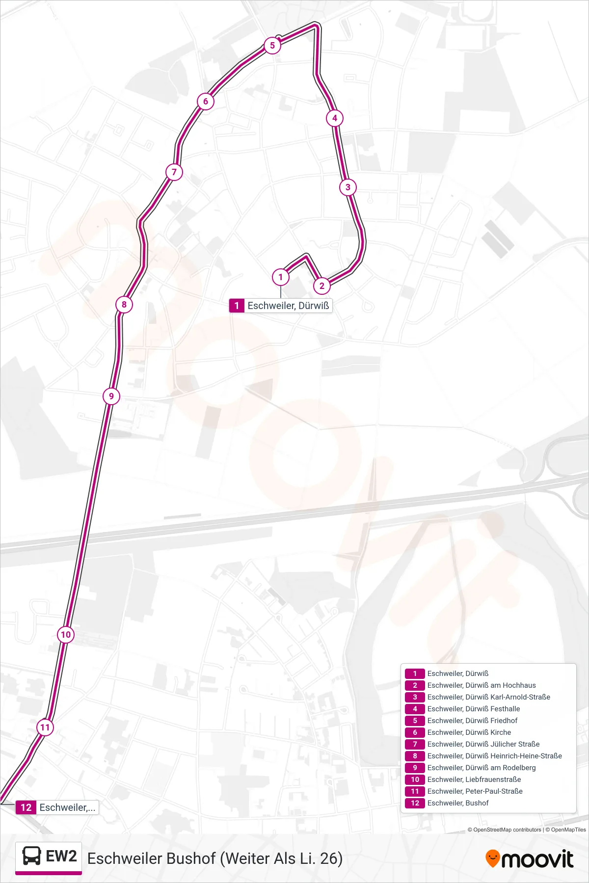 EW2 bus Line (Eschweiler Bushof (Weiter Als Li. 26)) route and stops on a map