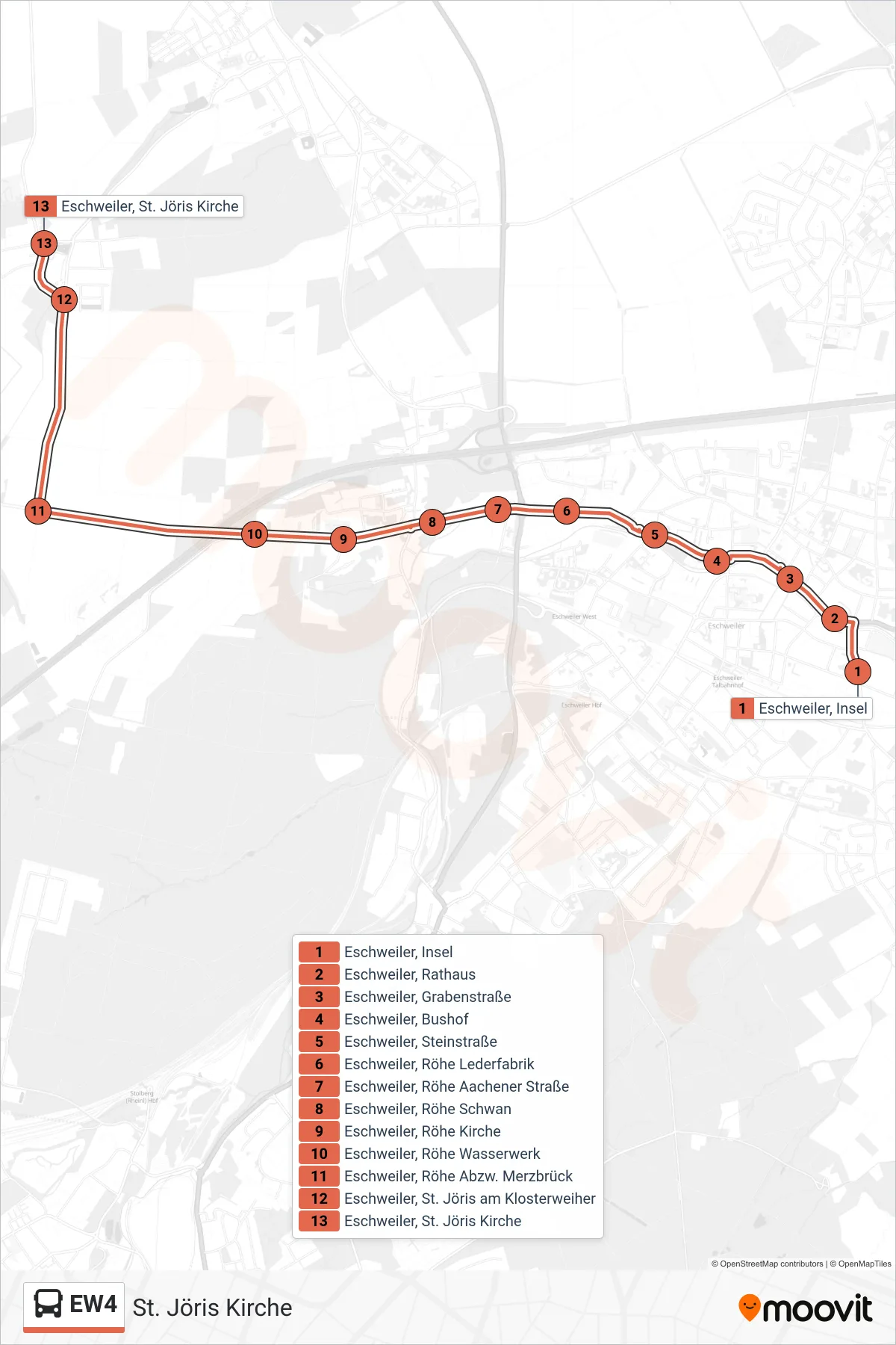 Linie EW4 (Bus) Richtung St. Jöris Kirche: Route und Haltestellen auf der Karte