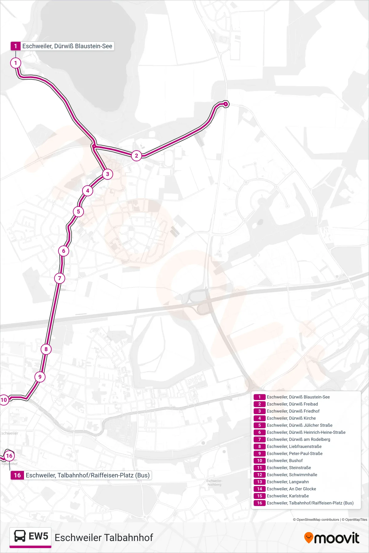 Linie EW5 (Bus) Richtung Eschweiler Talbahnhof: Route und Haltestellen auf der Karte