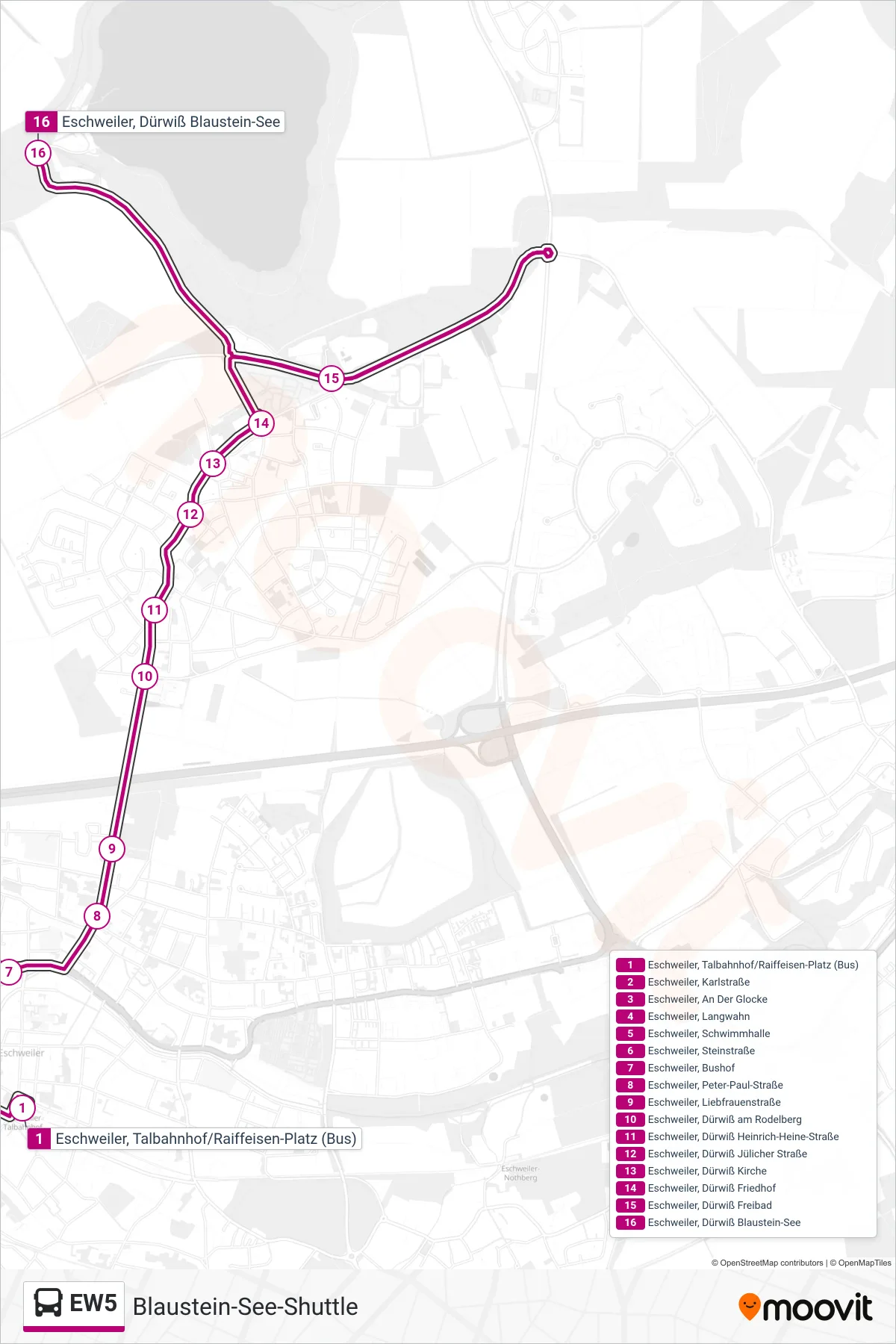 Linie EW5 (Bus) Richtung Blaustein-See-Shuttle: Route und Haltestellen auf der Karte