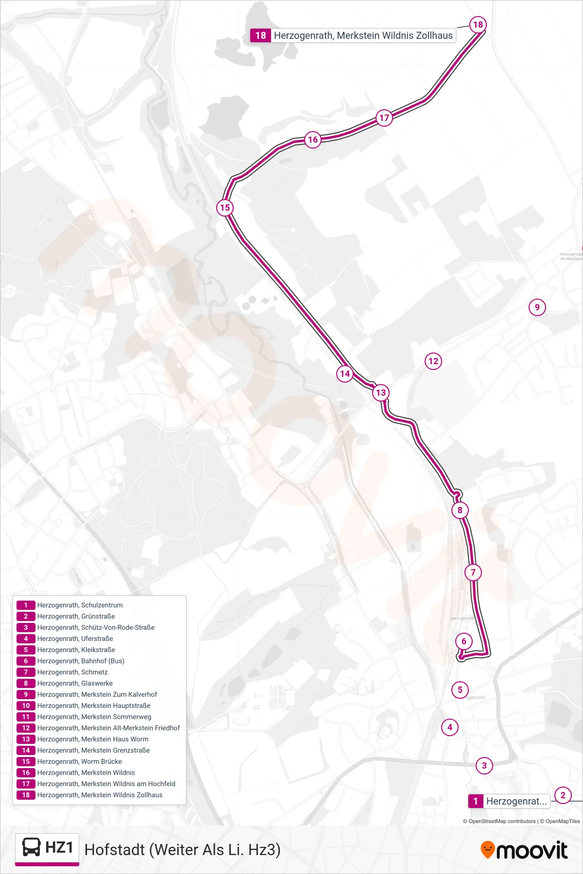 Linie HZ1 (Bus) Richtung Hofstadt (Weiter Als Li. Hz3): Route und Haltestellen auf der Karte
