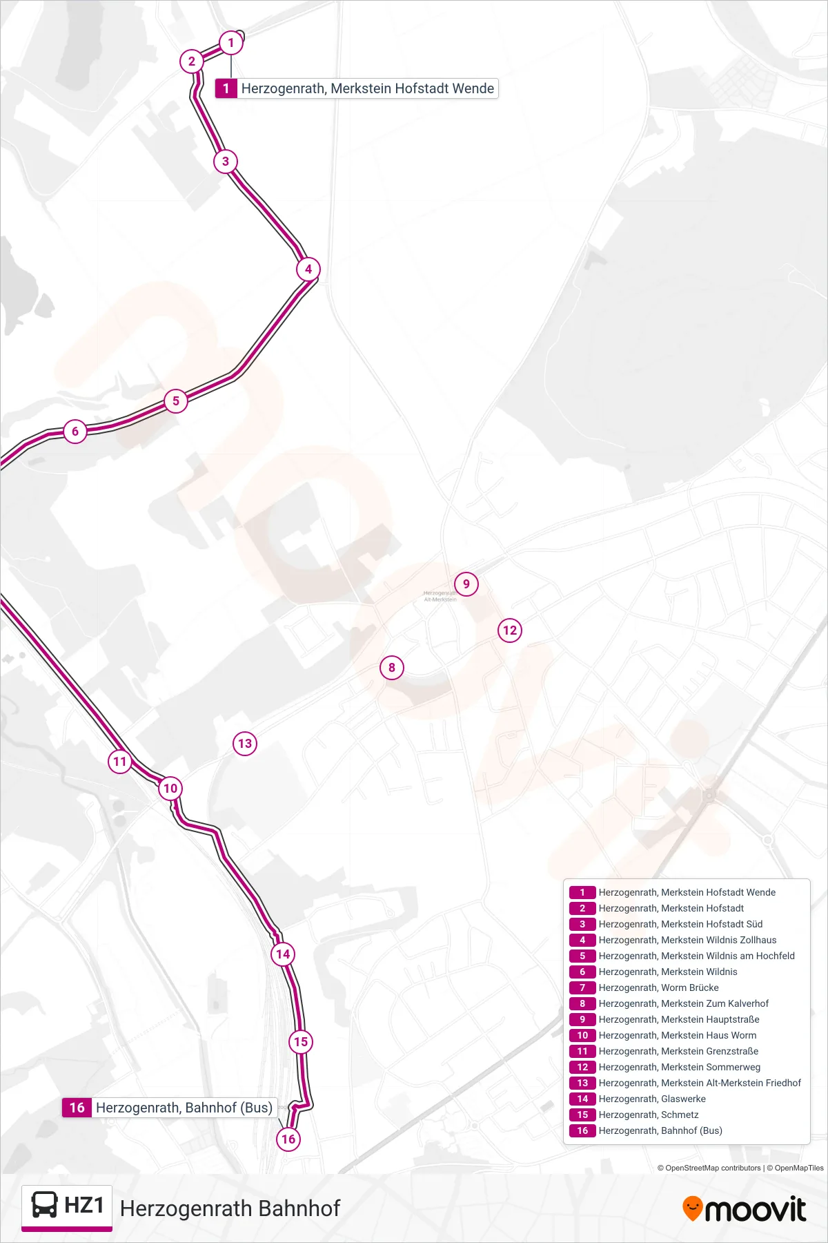 HZ1 bus Line (Herzogenrath Bahnhof) route and stops on a map