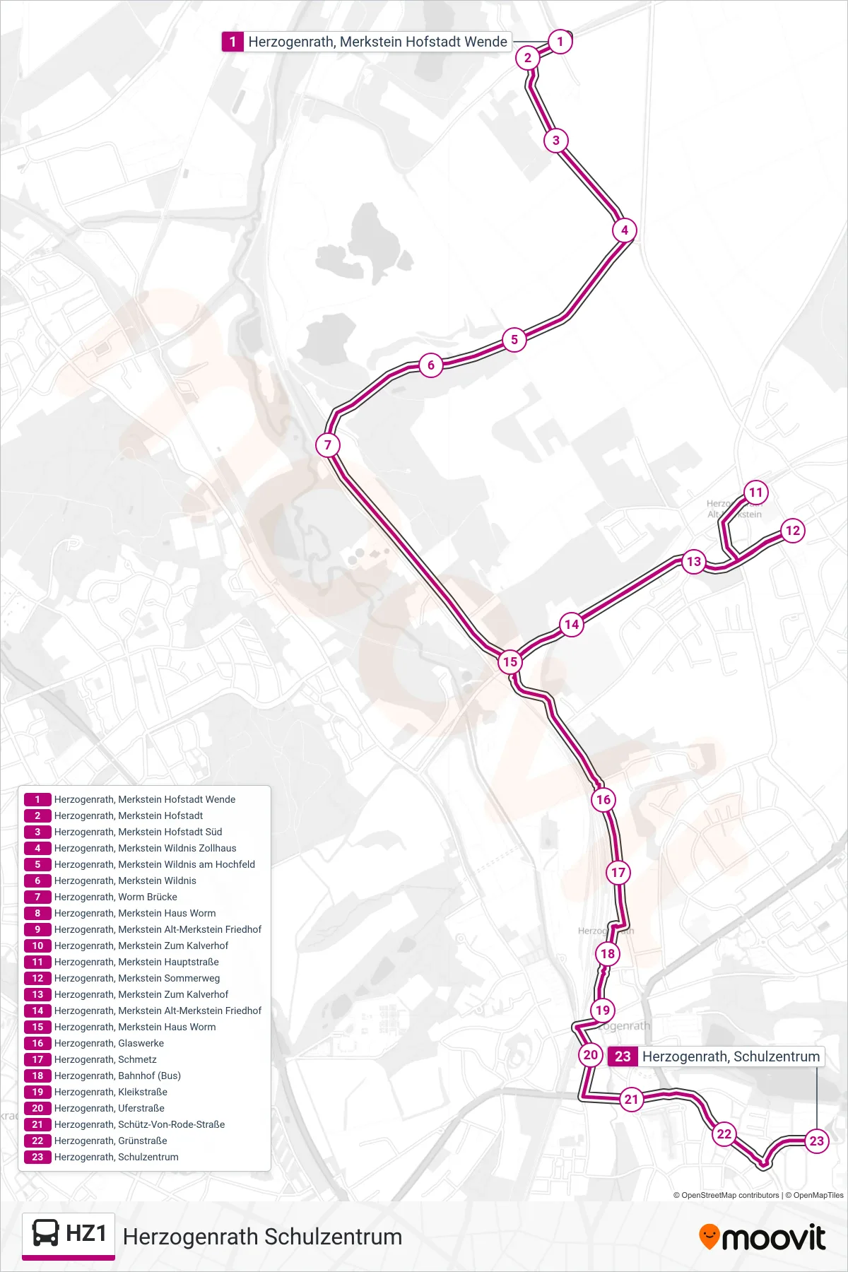 HZ1 bus Line (Herzogenrath Schulzentrum) route and stops on a map