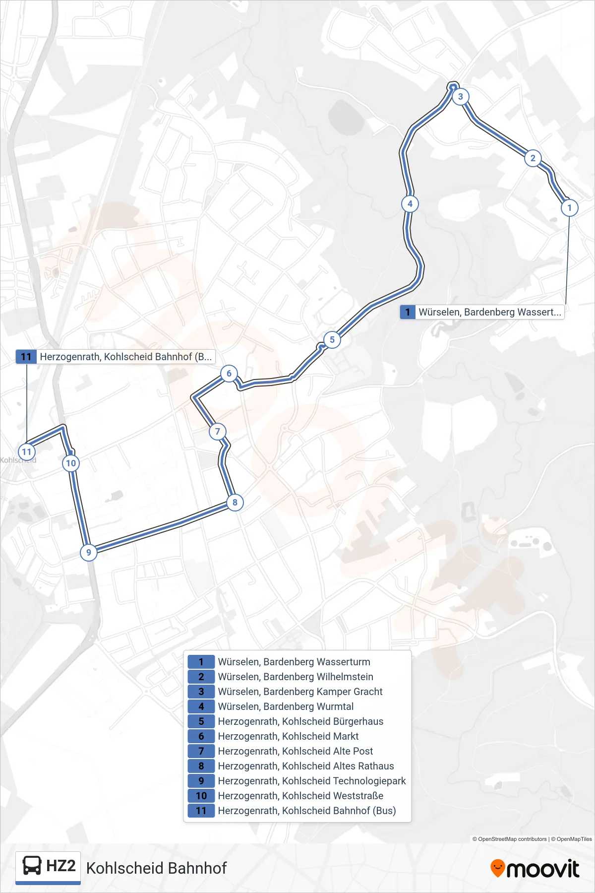 Linie HZ2 (Bus) Richtung Kohlscheid Bahnhof: Route und Haltestellen auf der Karte