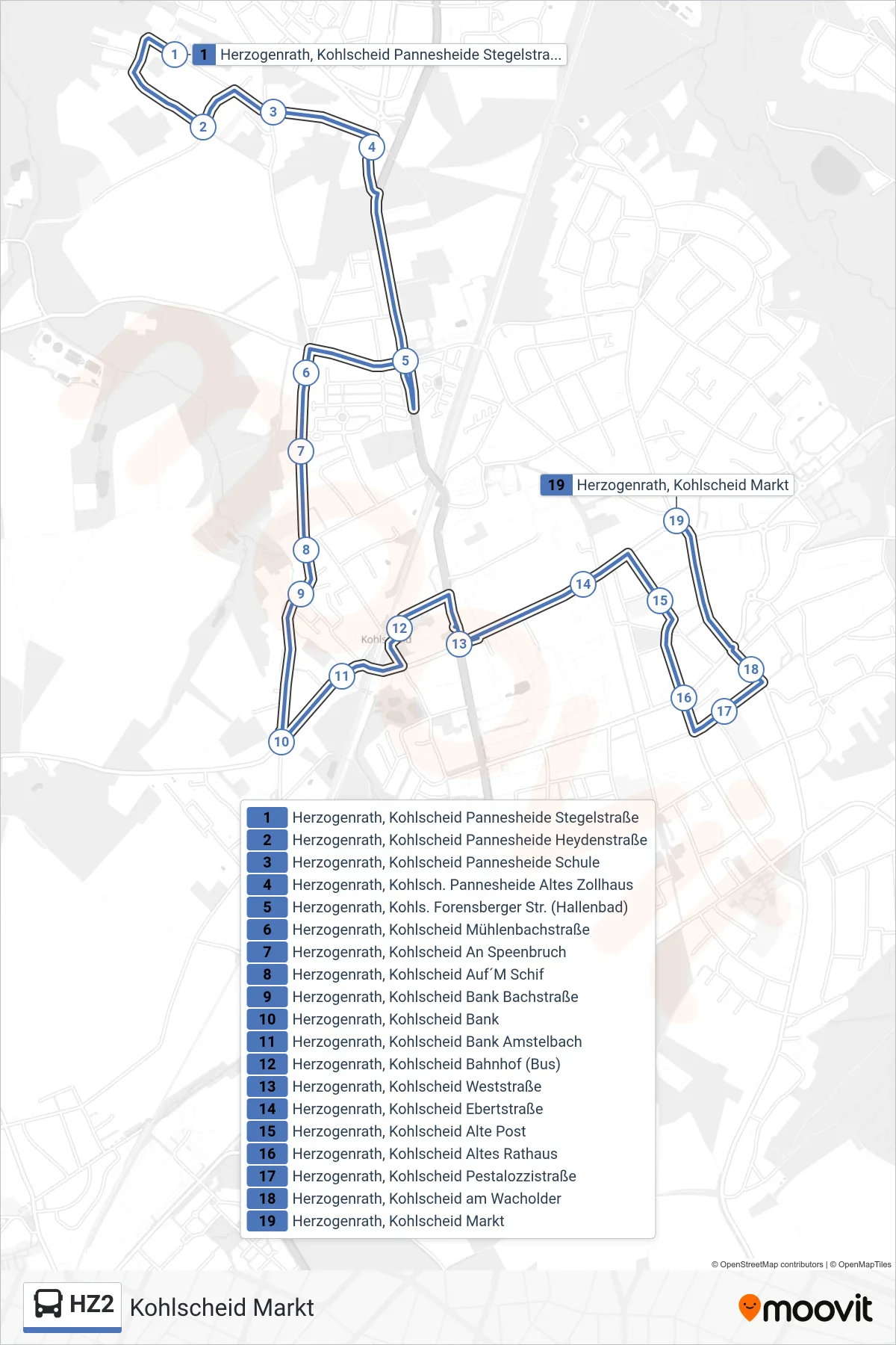 HZ2 bus Line (Kohlscheid Markt) route and stops on a map