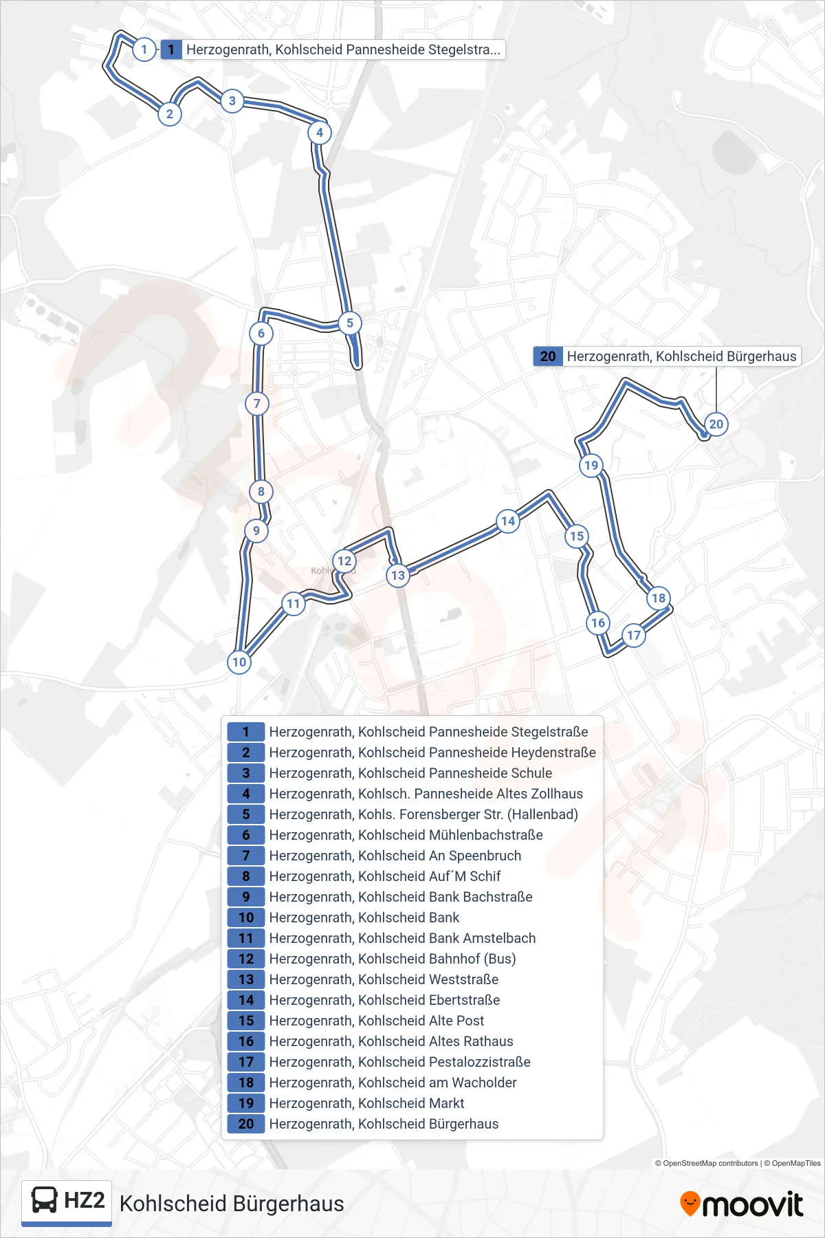 Linie HZ2 (Bus) Richtung Kohlscheid Bürgerhaus: Route und Haltestellen auf der Karte