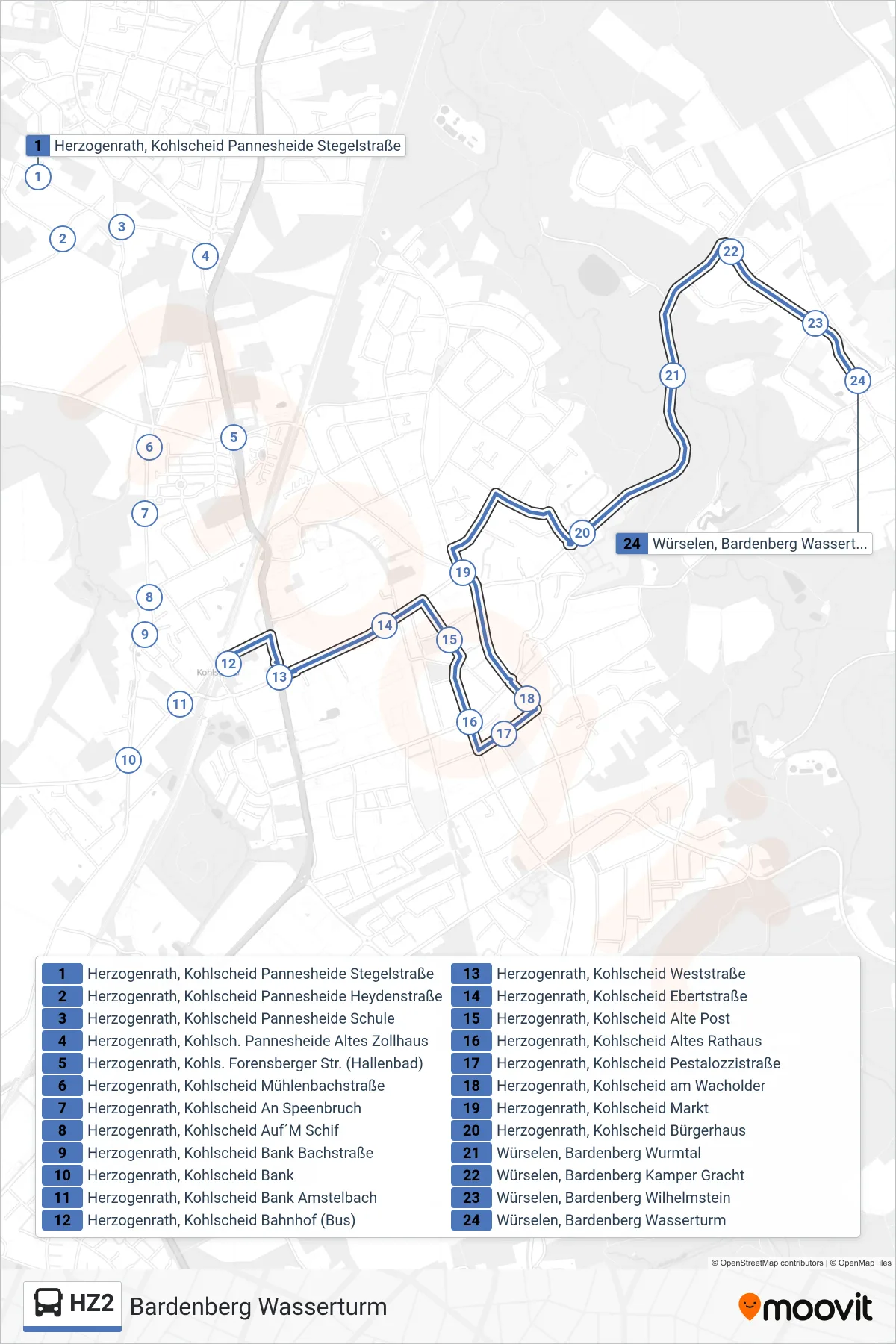 Linie HZ2 (Bus) Richtung Bardenberg Wasserturm: Route und Haltestellen auf der Karte