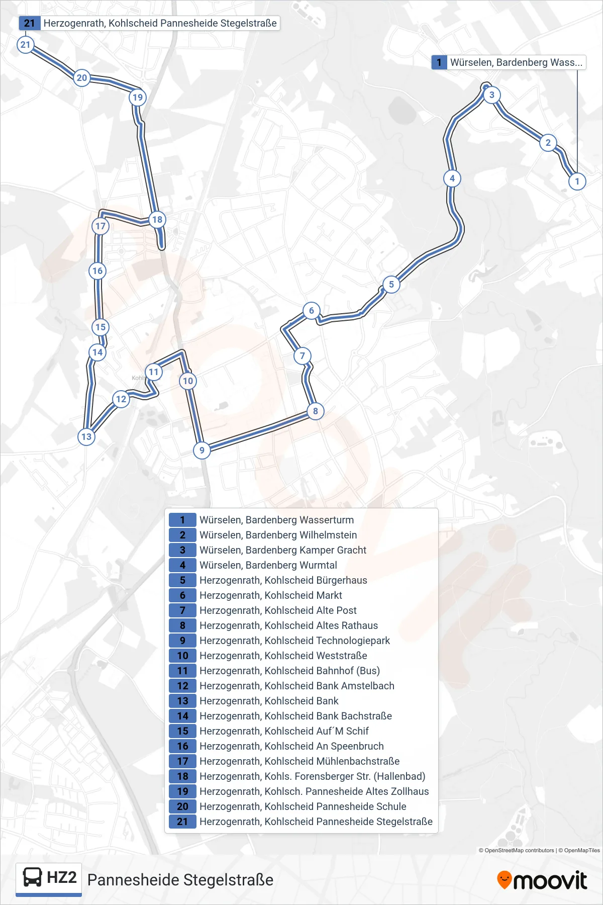 Linie HZ2 (Bus) Richtung Pannesheide Stegelstraße: Route und Haltestellen auf der Karte