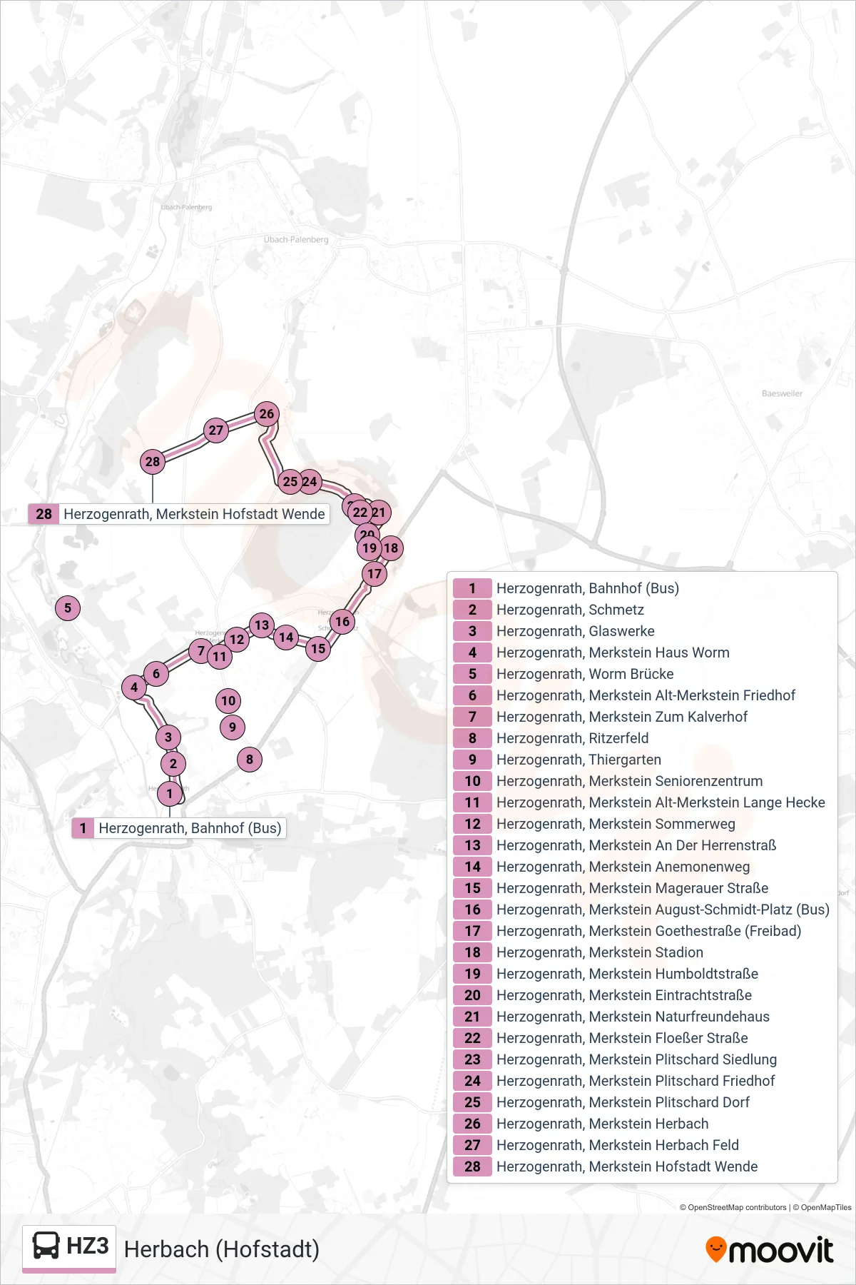 HZ3 bus Line (Herbach (Hofstadt)) route and stops on a map