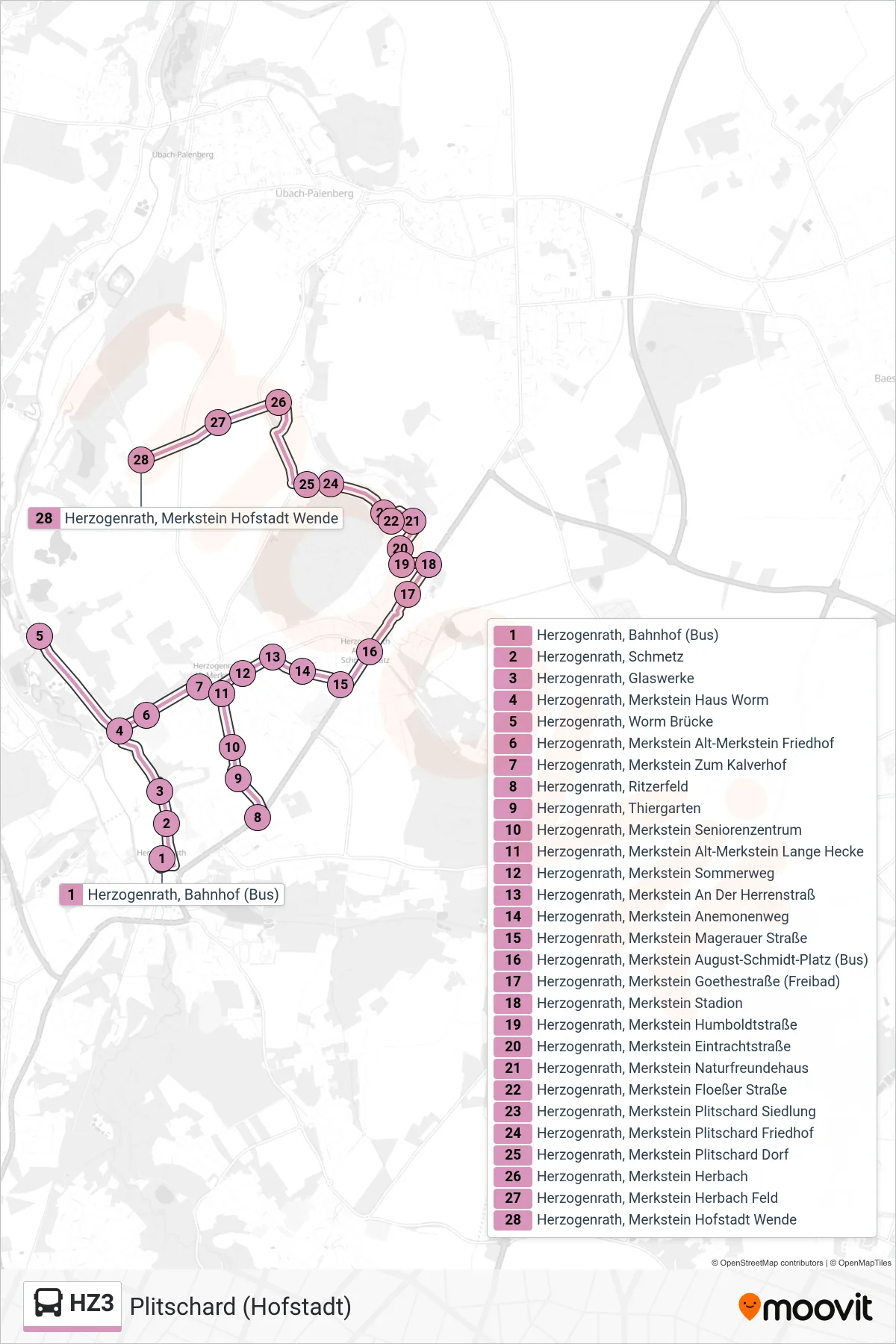 HZ3 bus Line (Plitschard (Hofstadt)) route and stops on a map