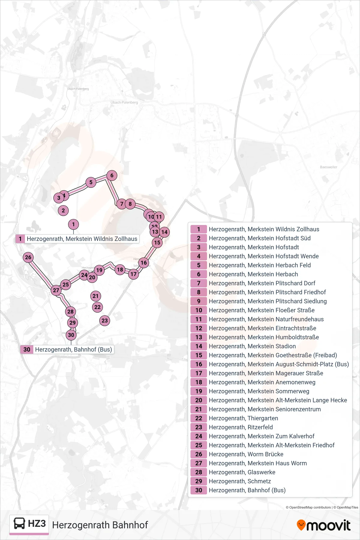 HZ3 bus Line (Herzogenrath Bahnhof) route and stops on a map