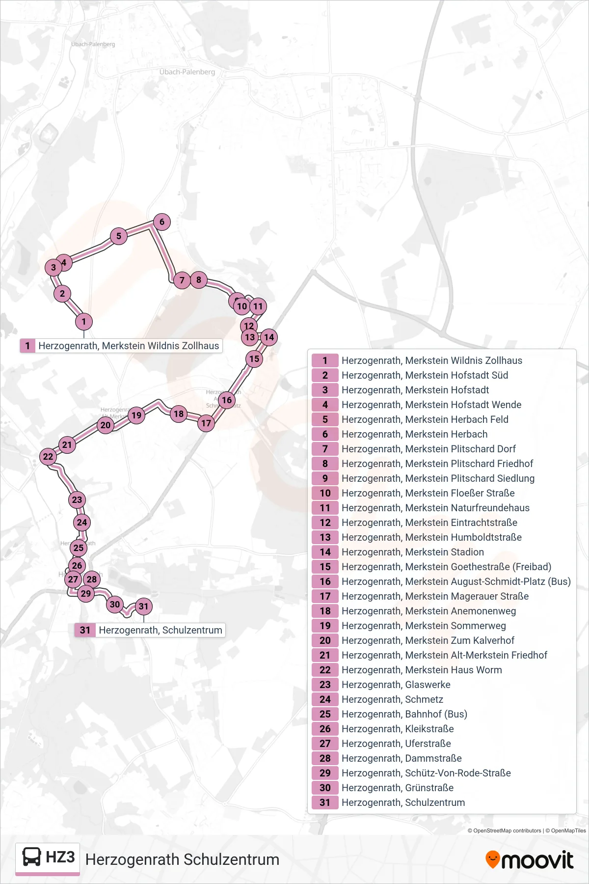 Linie HZ3 (Bus) Richtung Herzogenrath Schulzentrum: Route und Haltestellen auf der Karte