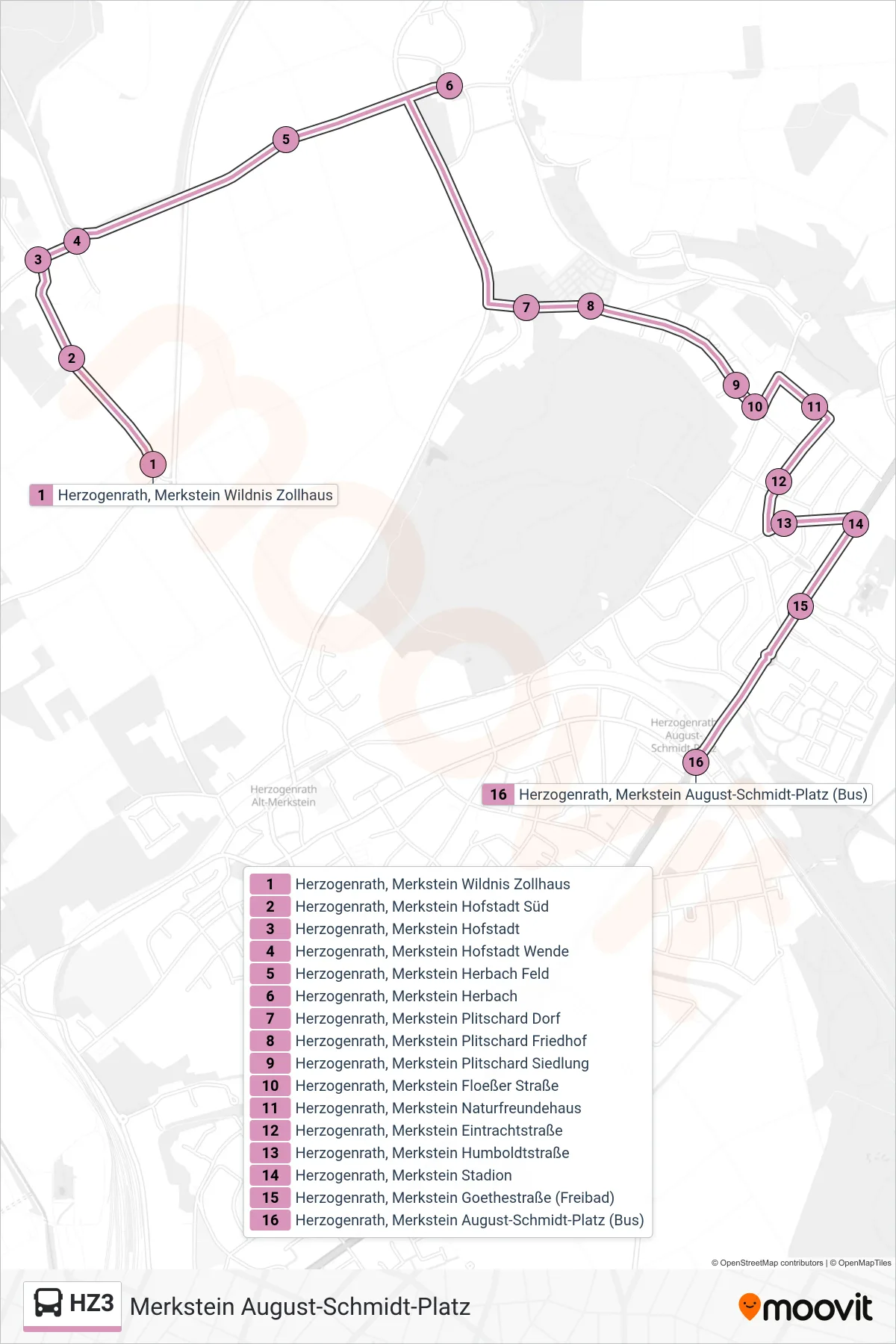 HZ3 bus Line (Merkstein August-Schmidt-Platz) route and stops on a map