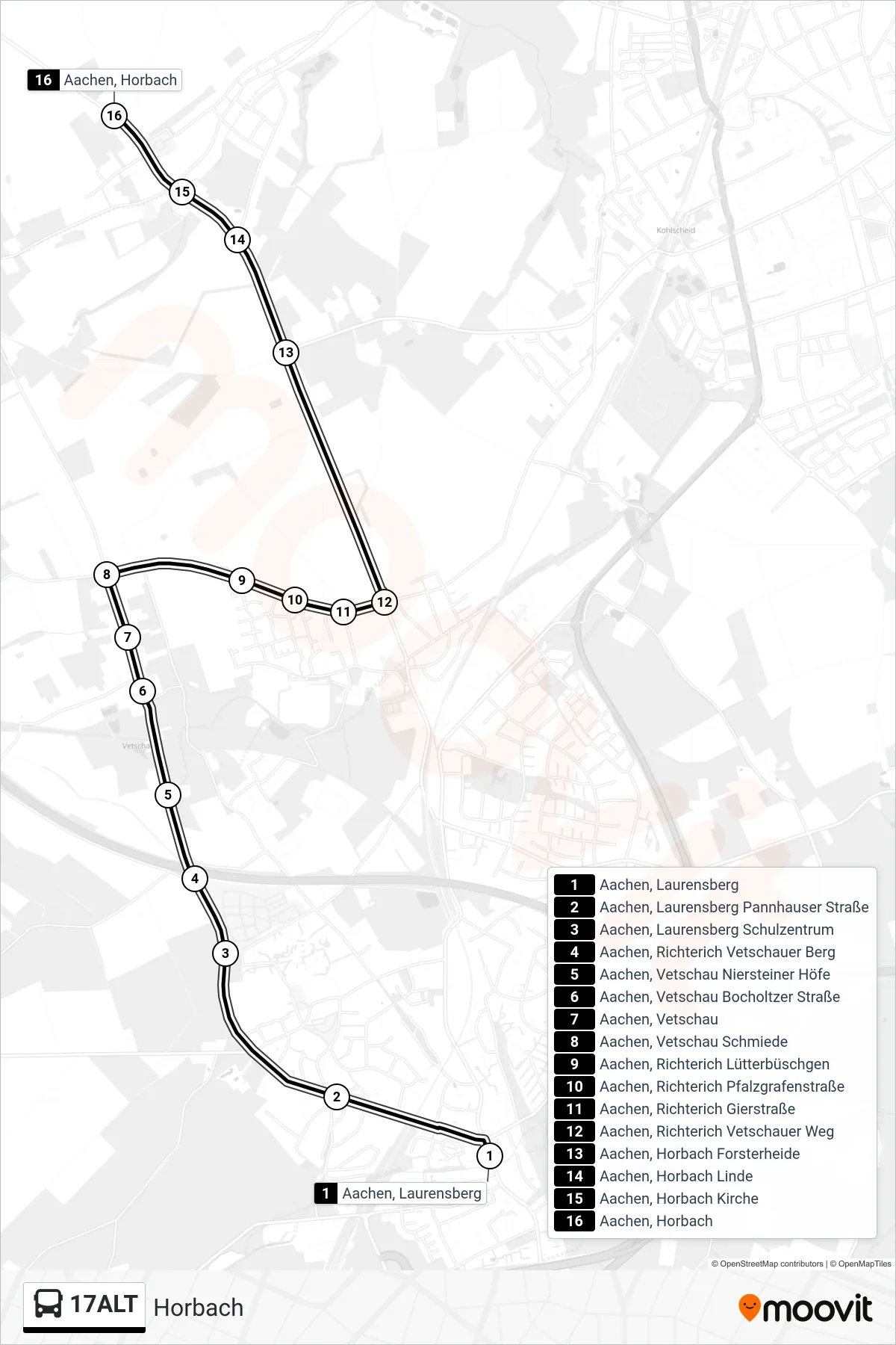 Linie 17ALT (Bus) Richtung Horbach: Route und Haltestellen auf der Karte