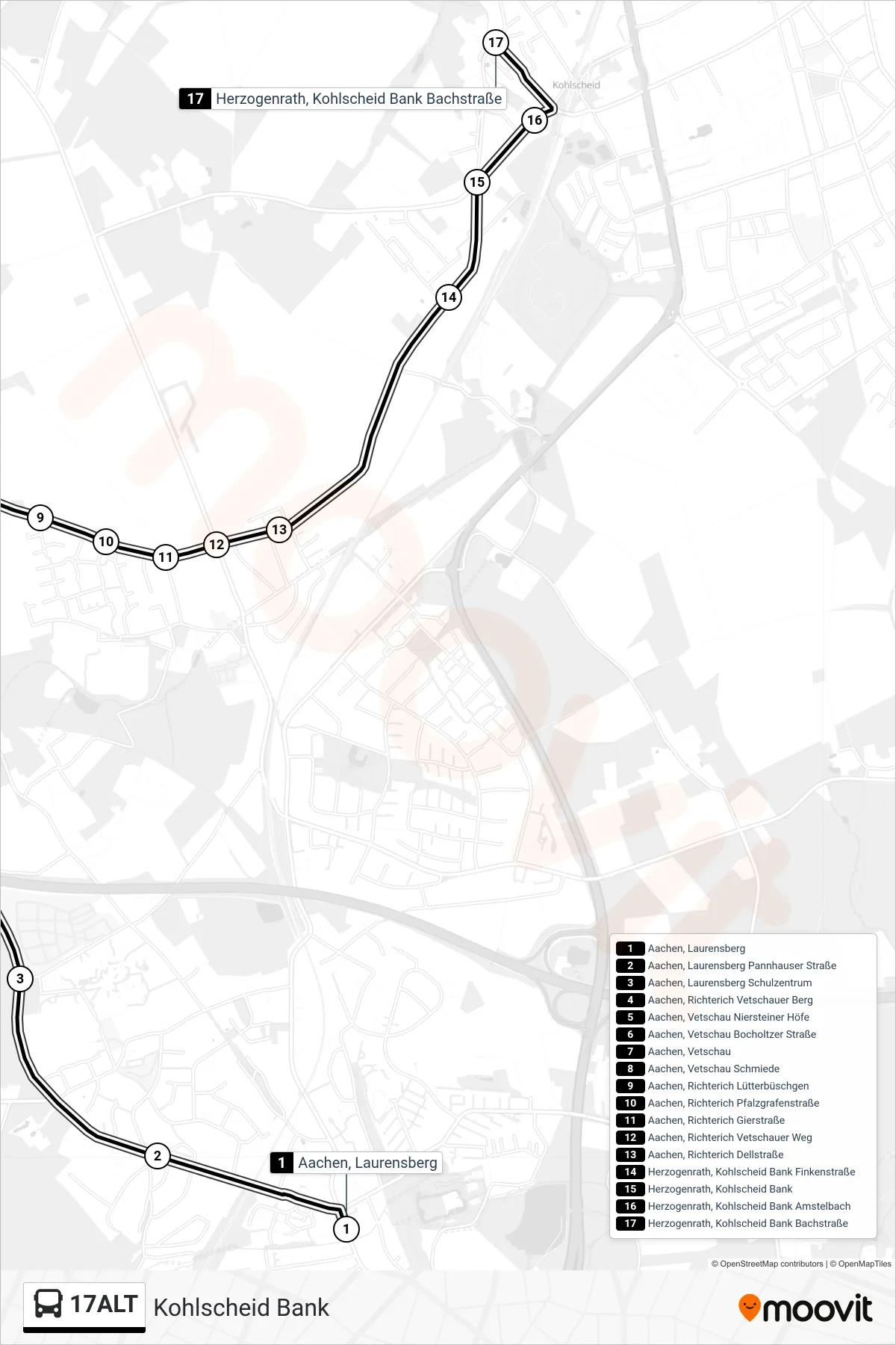 17ALT bus Line (Kohlscheid Bank) route and stops on a map