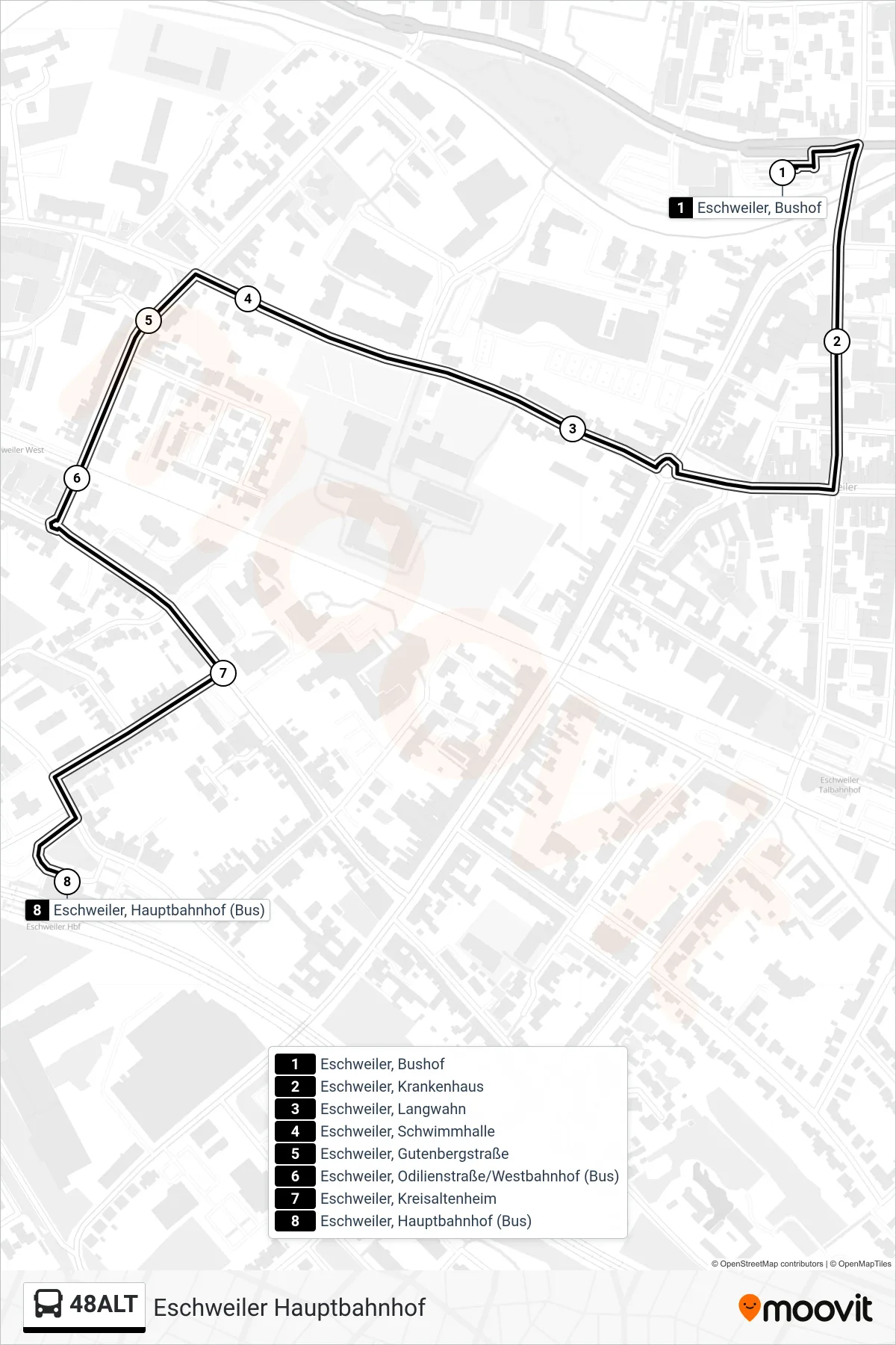 Linie 48ALT (Bus) Richtung Eschweiler Hauptbahnhof: Route und Haltestellen auf der Karte