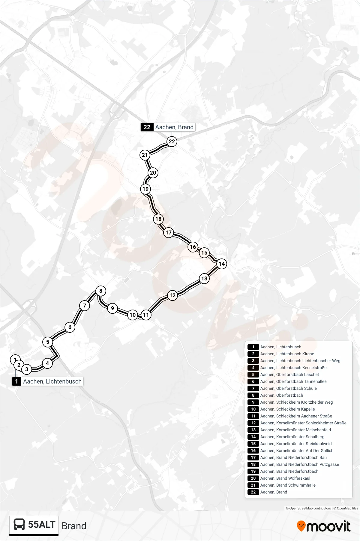 55ALT bus Line (Brand) route and stops on a map