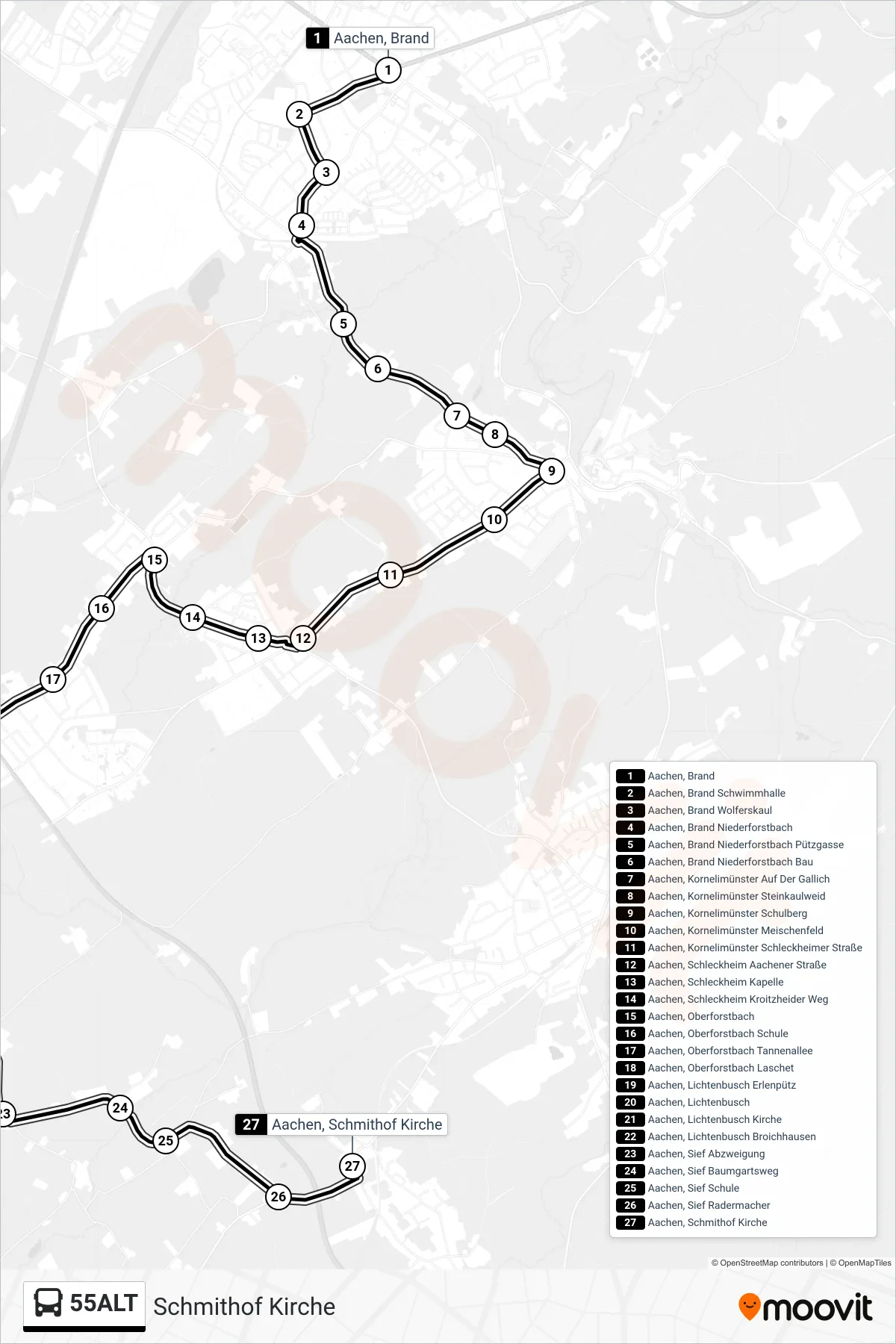 Linie 55ALT (Bus) Richtung Schmithof Kirche: Route und Haltestellen auf der Karte
