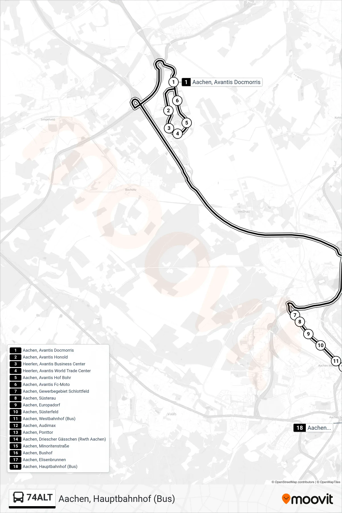 74ALT bus Line (Aachen, Hauptbahnhof (Bus)) route and stops on a map
