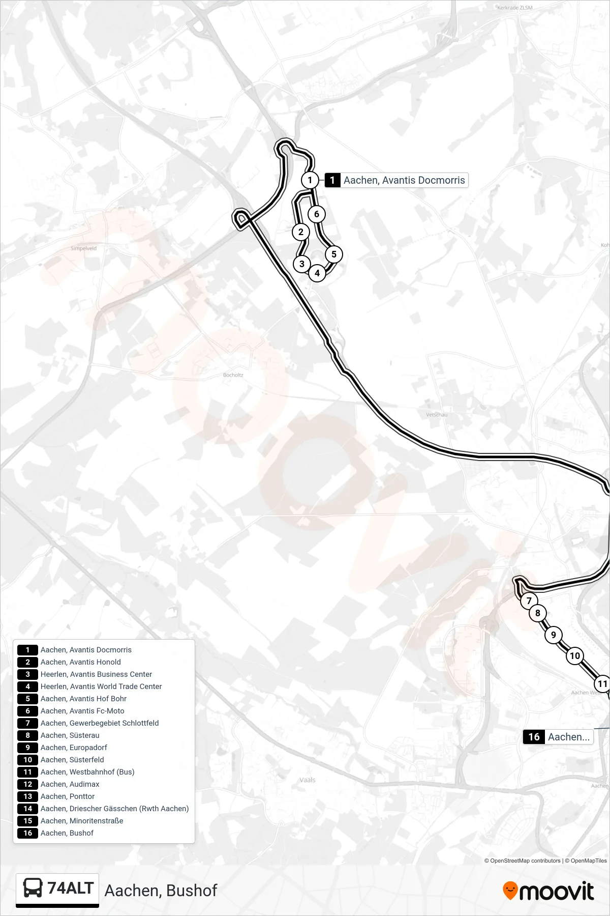 Linie 74ALT (Bus) Richtung Aachen, Bushof: Route und Haltestellen auf der Karte
