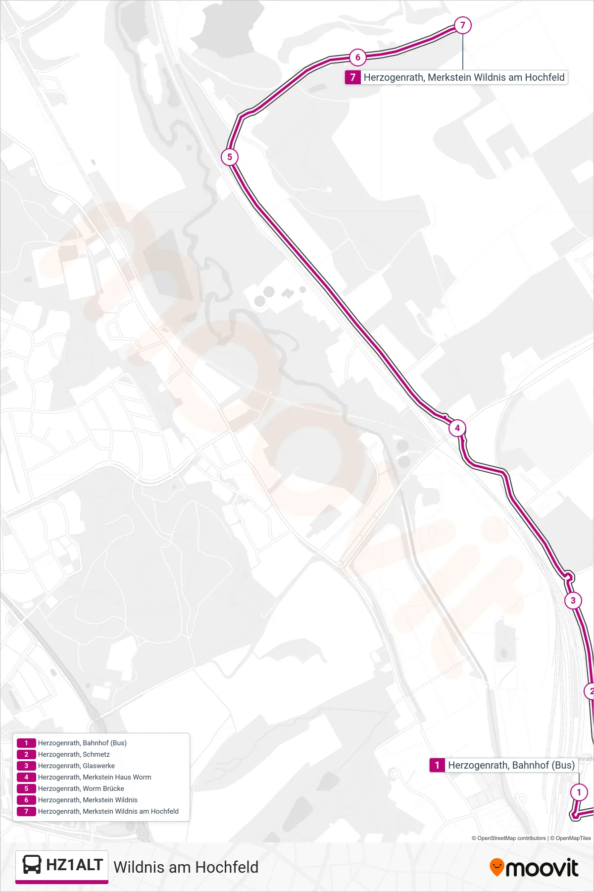 HZ1ALT bus Line (Wildnis am Hochfeld) route and stops on a map