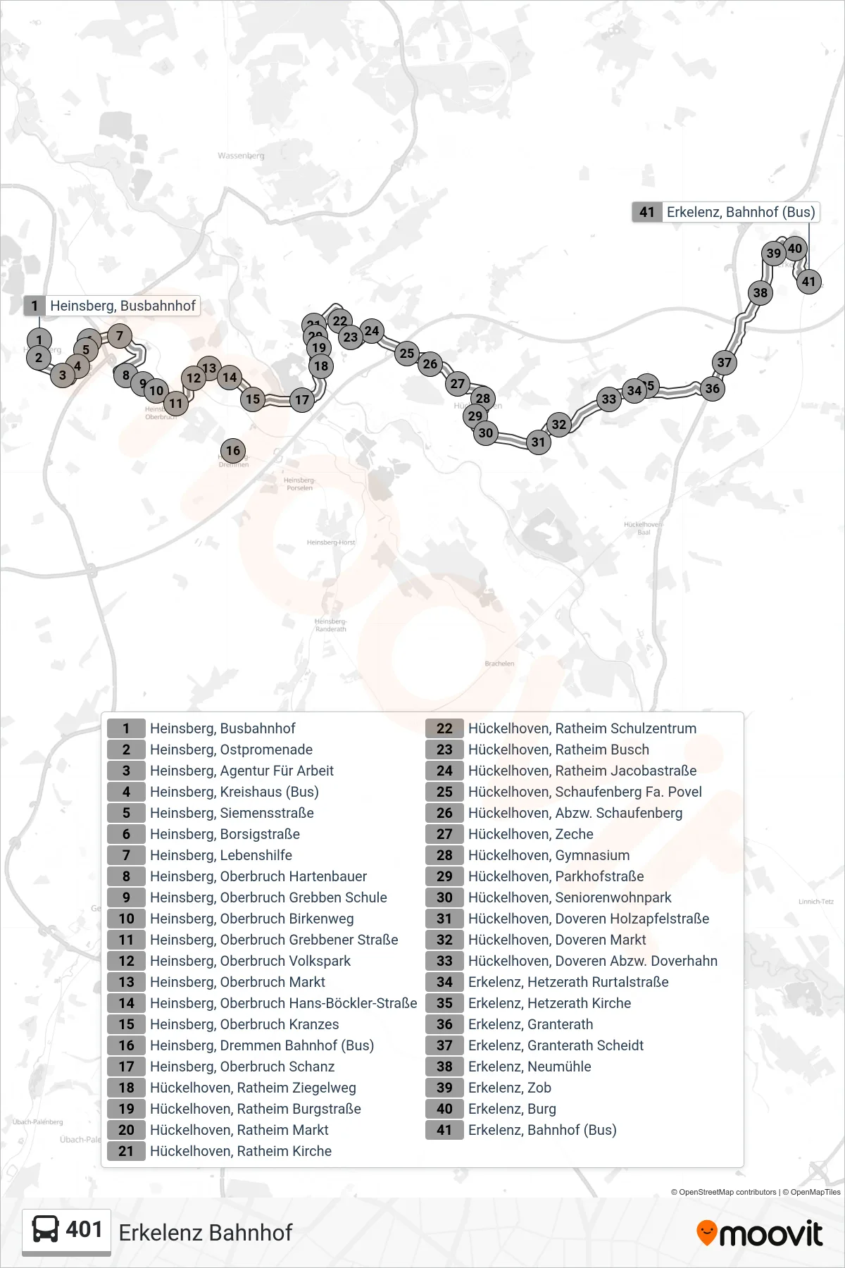 Linie 401 (Bus) Richtung Erkelenz Bahnhof: Route und Haltestellen auf der Karte