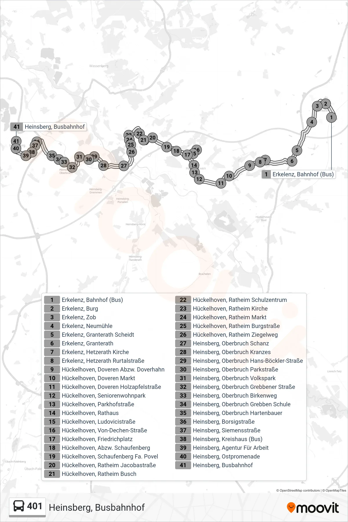 Linie 401 (Bus) Richtung Heinsberg, Busbahnhof: Route und Haltestellen auf der Karte