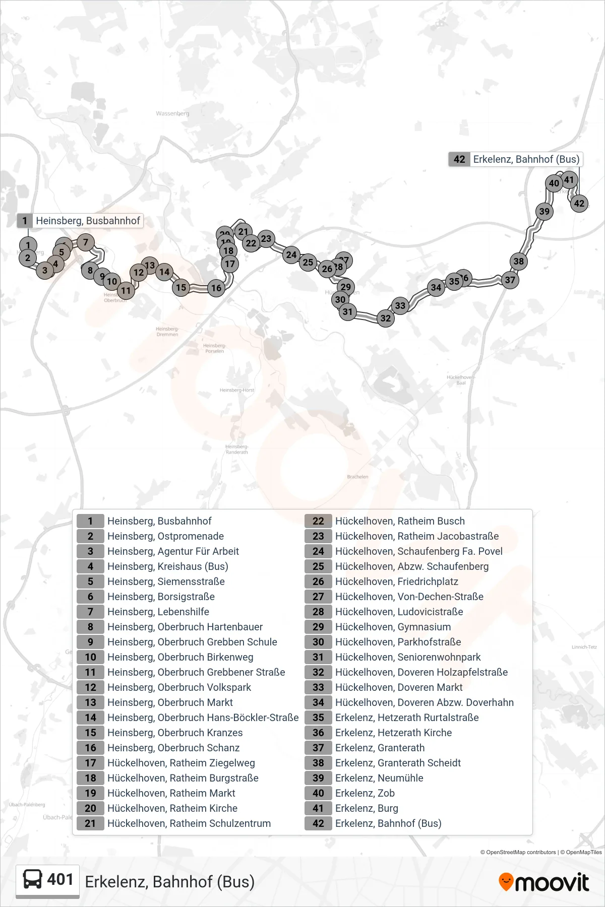 Linie 401 (Bus) Richtung Erkelenz, Bahnhof (Bus): Route und Haltestellen auf der Karte