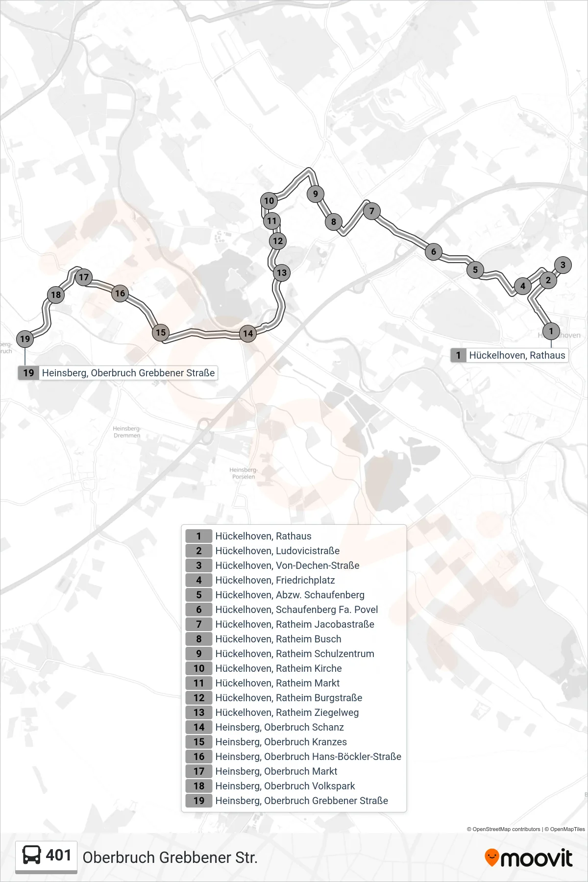 Linie 401 (Bus) Richtung Oberbruch Grebbener Str.: Route und Haltestellen auf der Karte