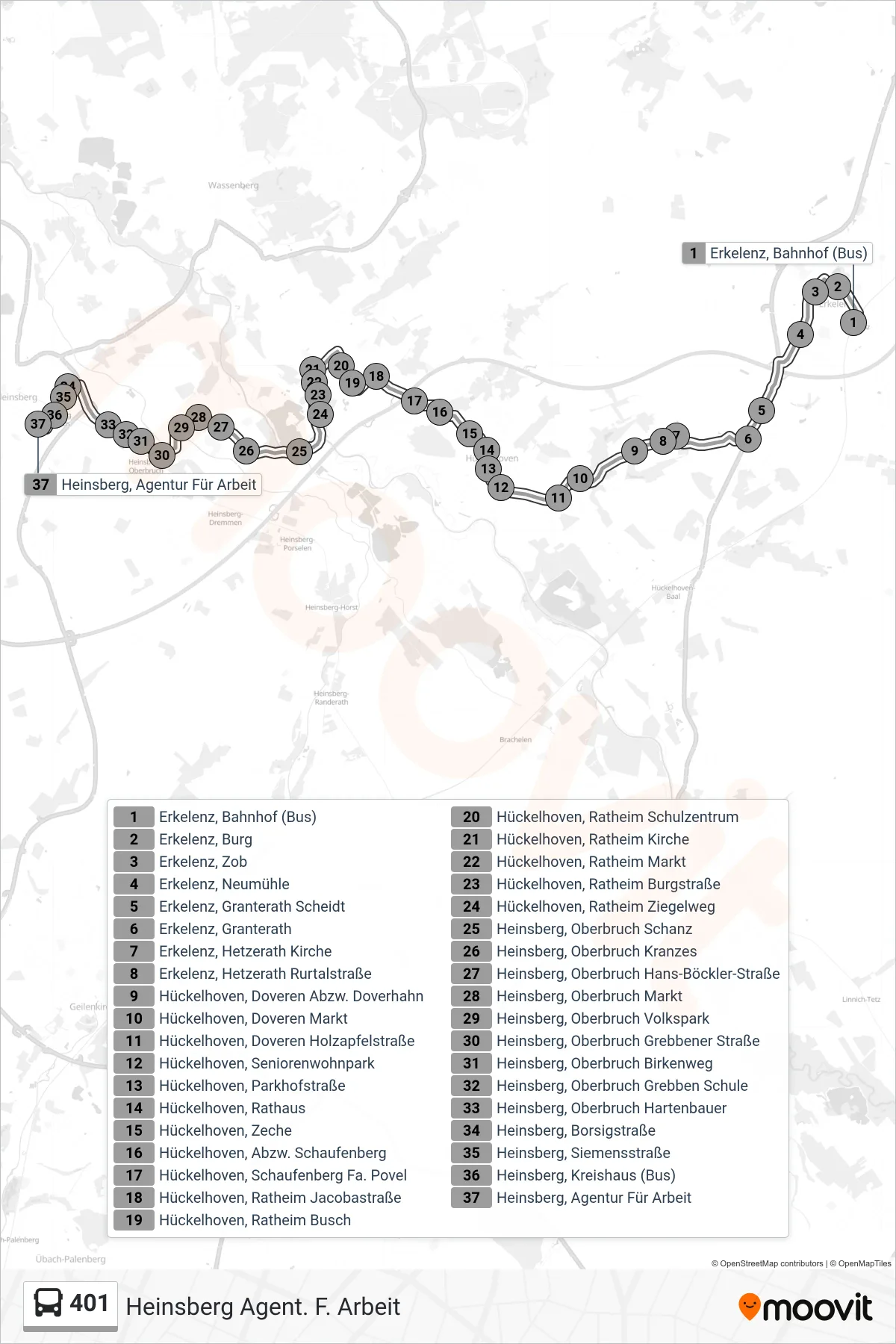 Linie 401 (Bus) Richtung Heinsberg Agent. F. Arbeit: Route und Haltestellen auf der Karte