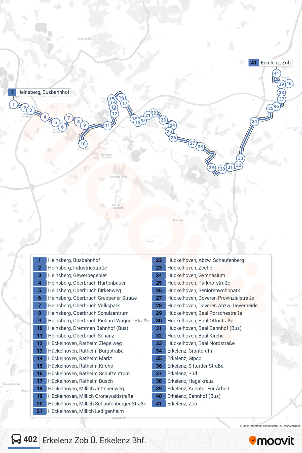 Linie 402 (Bus) Richtung Erkelenz Zob Ü. Erkelenz Bhf.: Route und Haltestellen auf der Karte