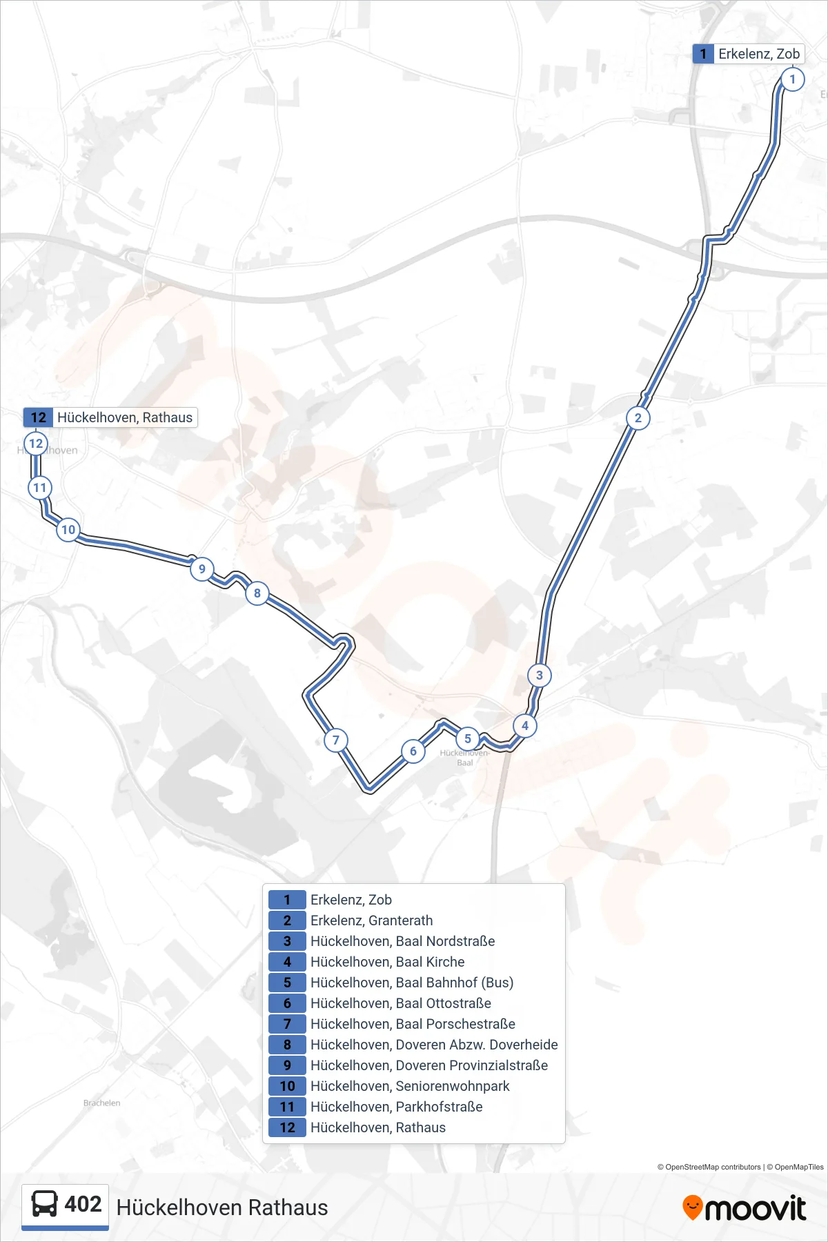 402 bus Line (Hückelhoven Rathaus) route and stops on a map