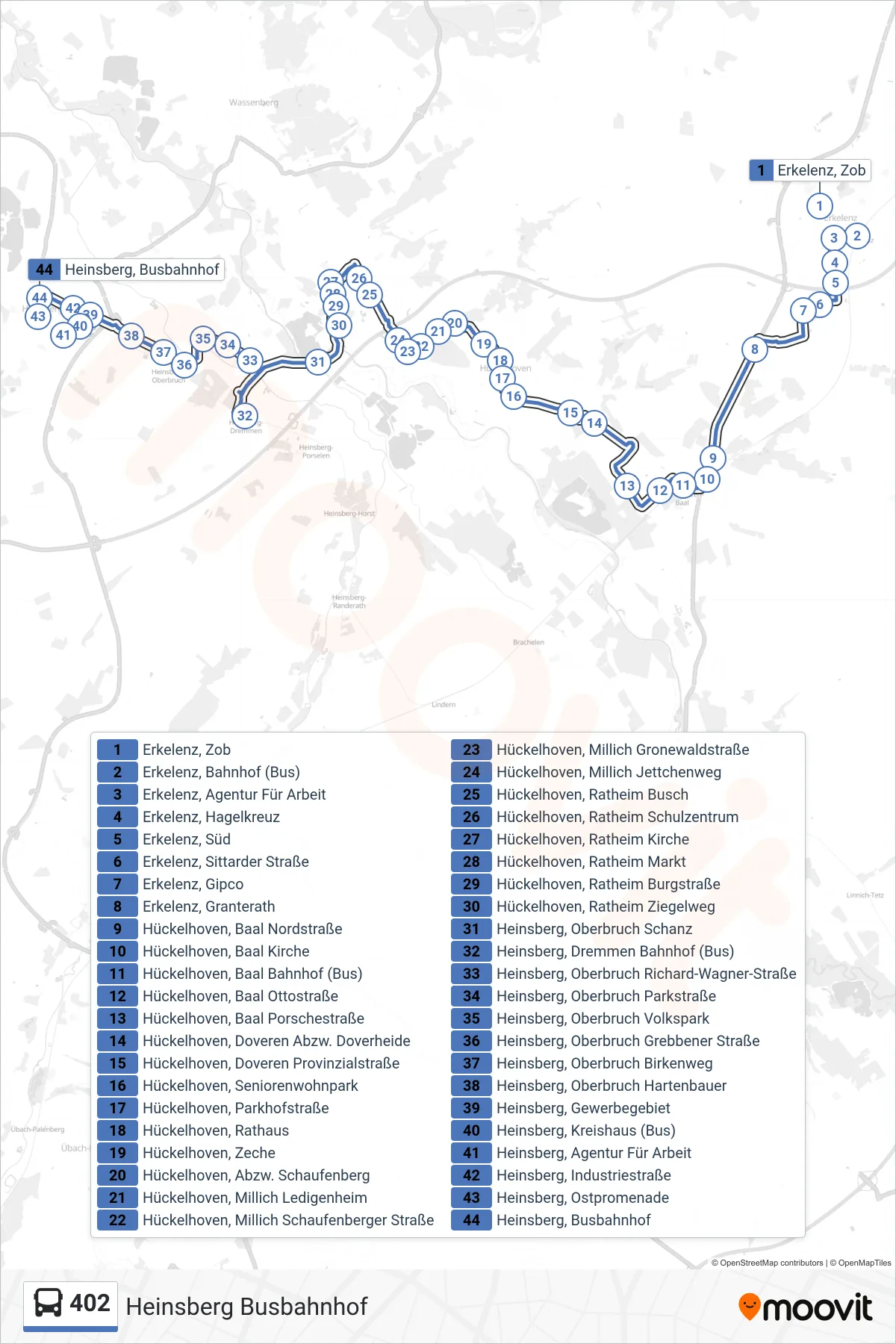 402 bus Line (Heinsberg Busbahnhof) route and stops on a map