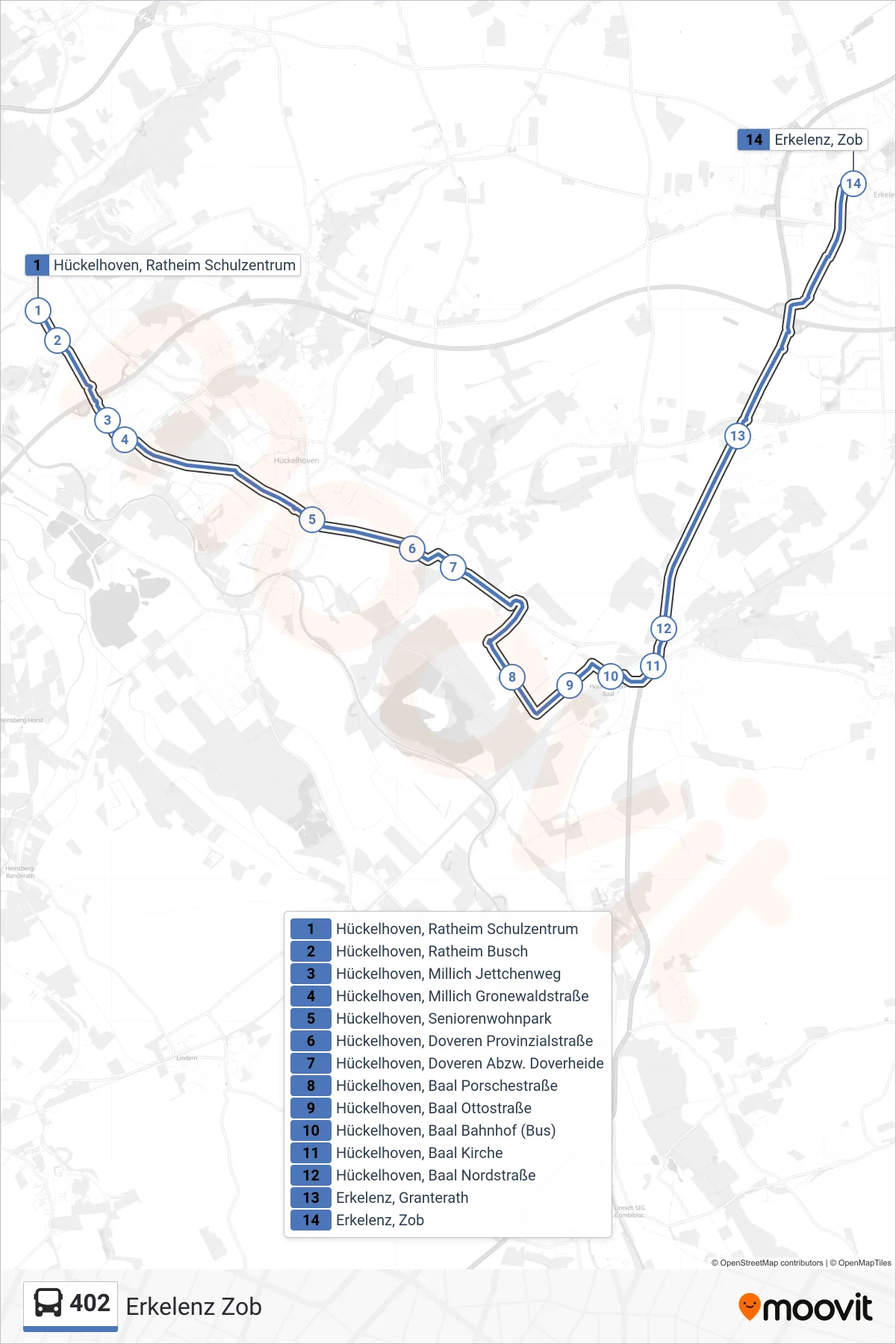 Linie 402 (Bus) Richtung Erkelenz Zob: Route und Haltestellen auf der Karte