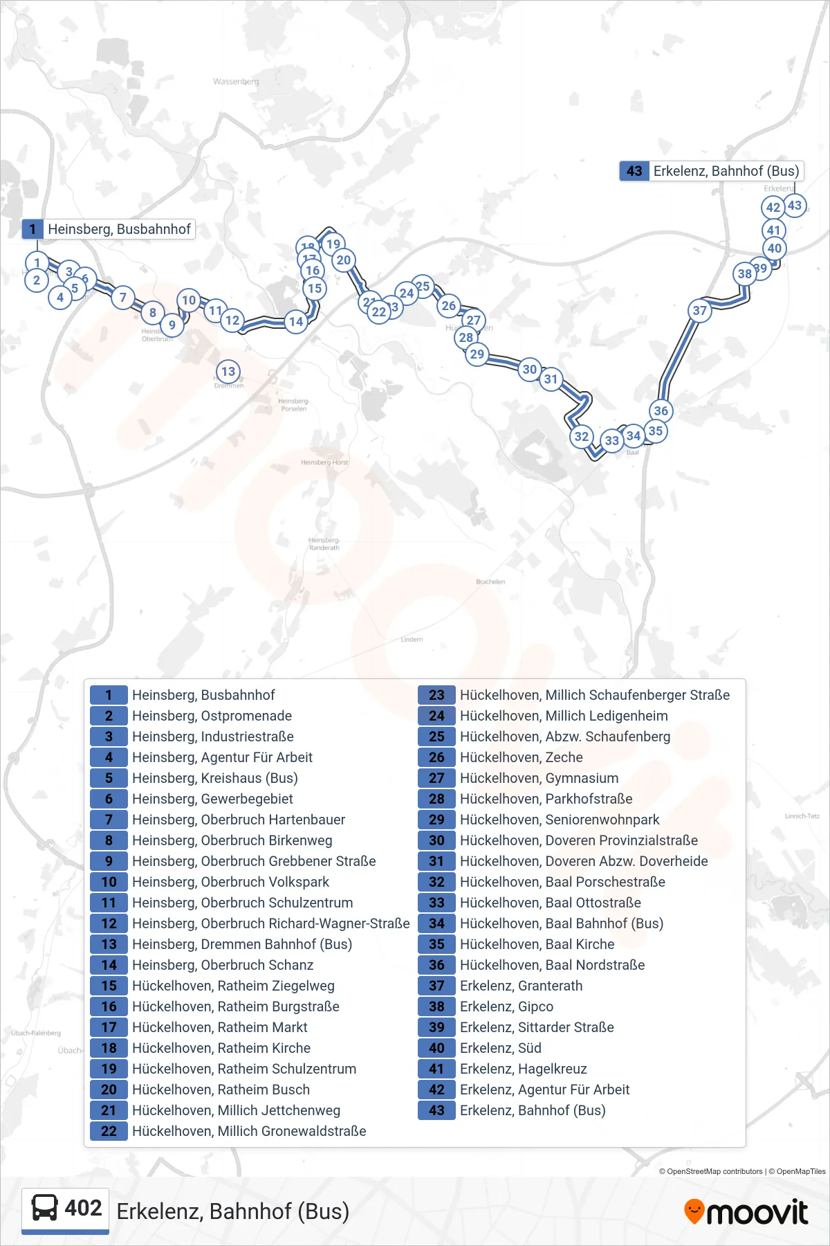 Linie 402 (Bus) Richtung Erkelenz, Bahnhof (Bus): Route und Haltestellen auf der Karte