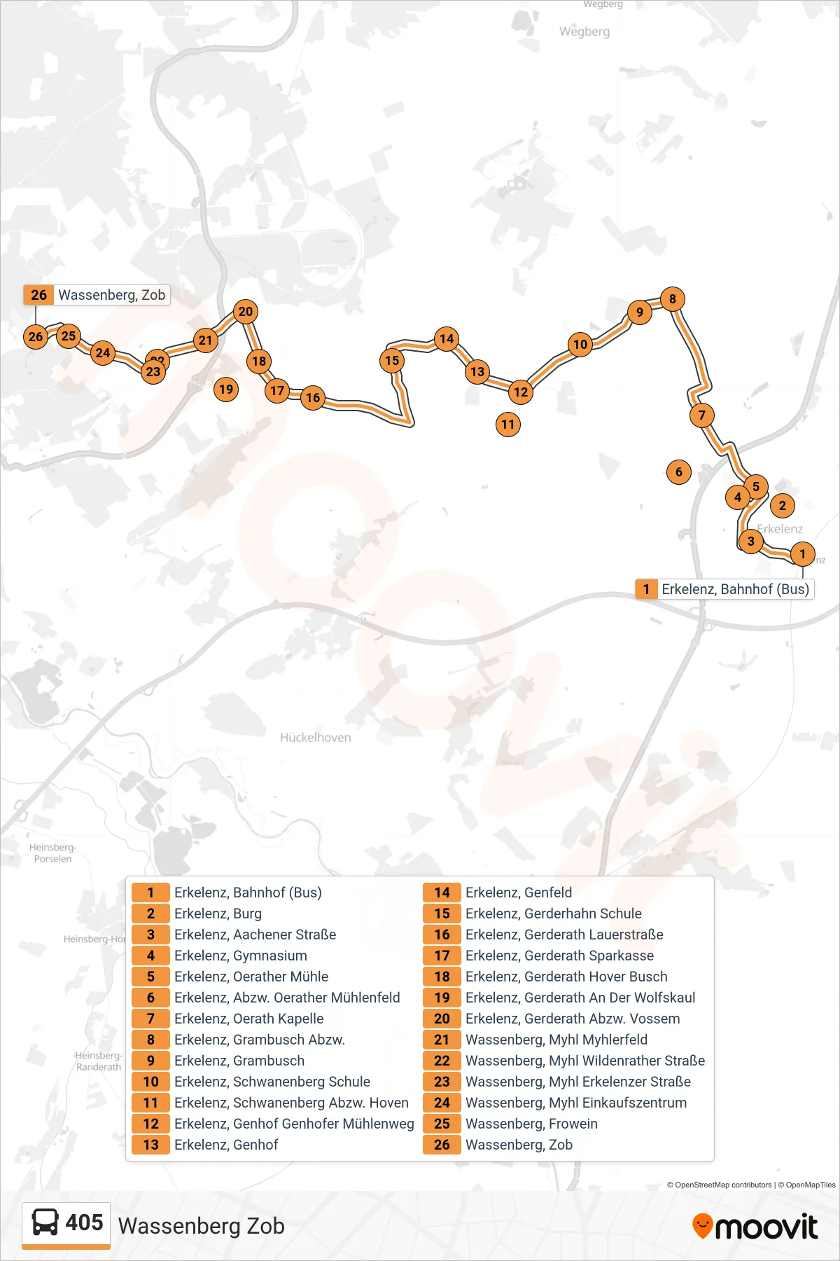 Linie 405 (Bus) Richtung Wassenberg Zob: Route und Haltestellen auf der Karte