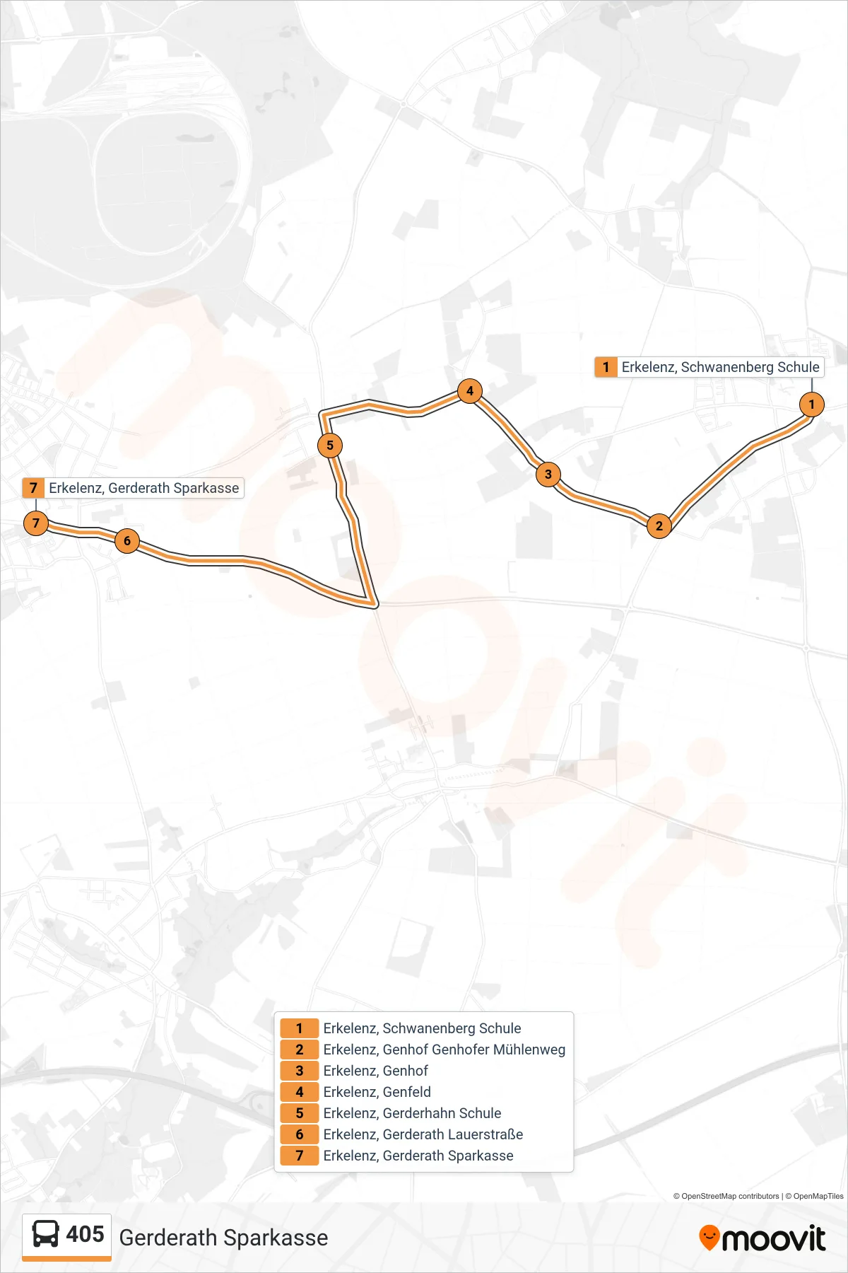 Linie 405 (Bus) Richtung Gerderath Sparkasse: Route und Haltestellen auf der Karte
