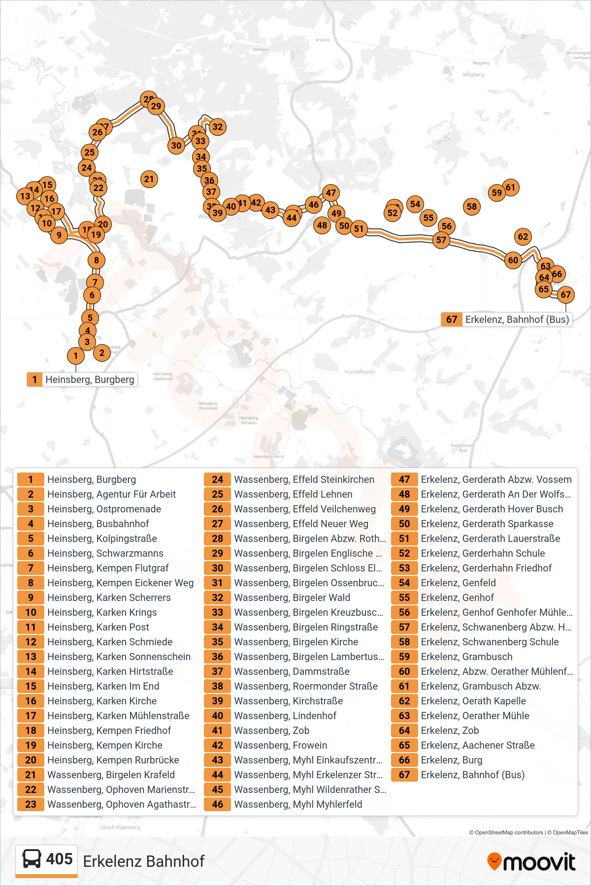 Linie 405 (Bus) Richtung Erkelenz Bahnhof: Route und Haltestellen auf der Karte