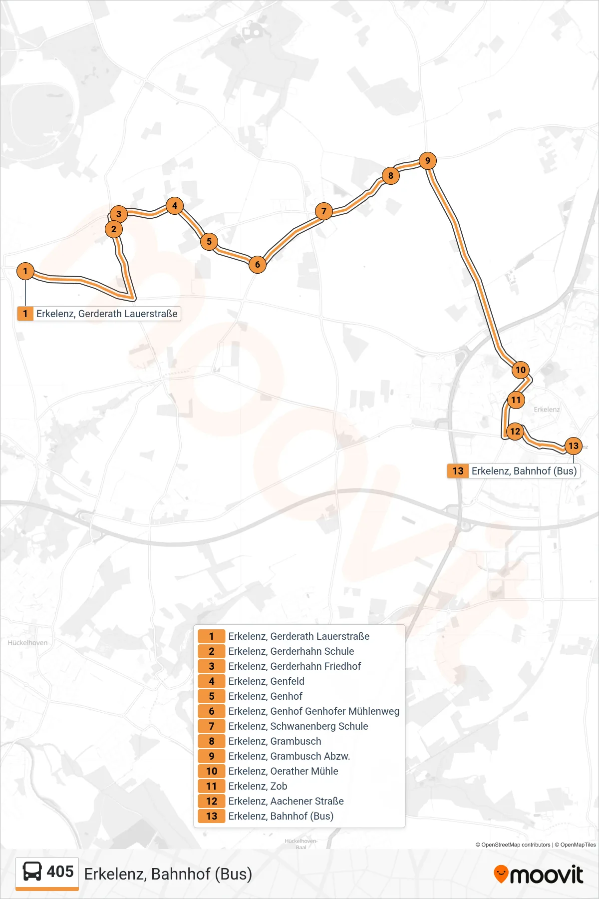 Linie 405 (Bus) Richtung Erkelenz, Bahnhof (Bus): Route und Haltestellen auf der Karte