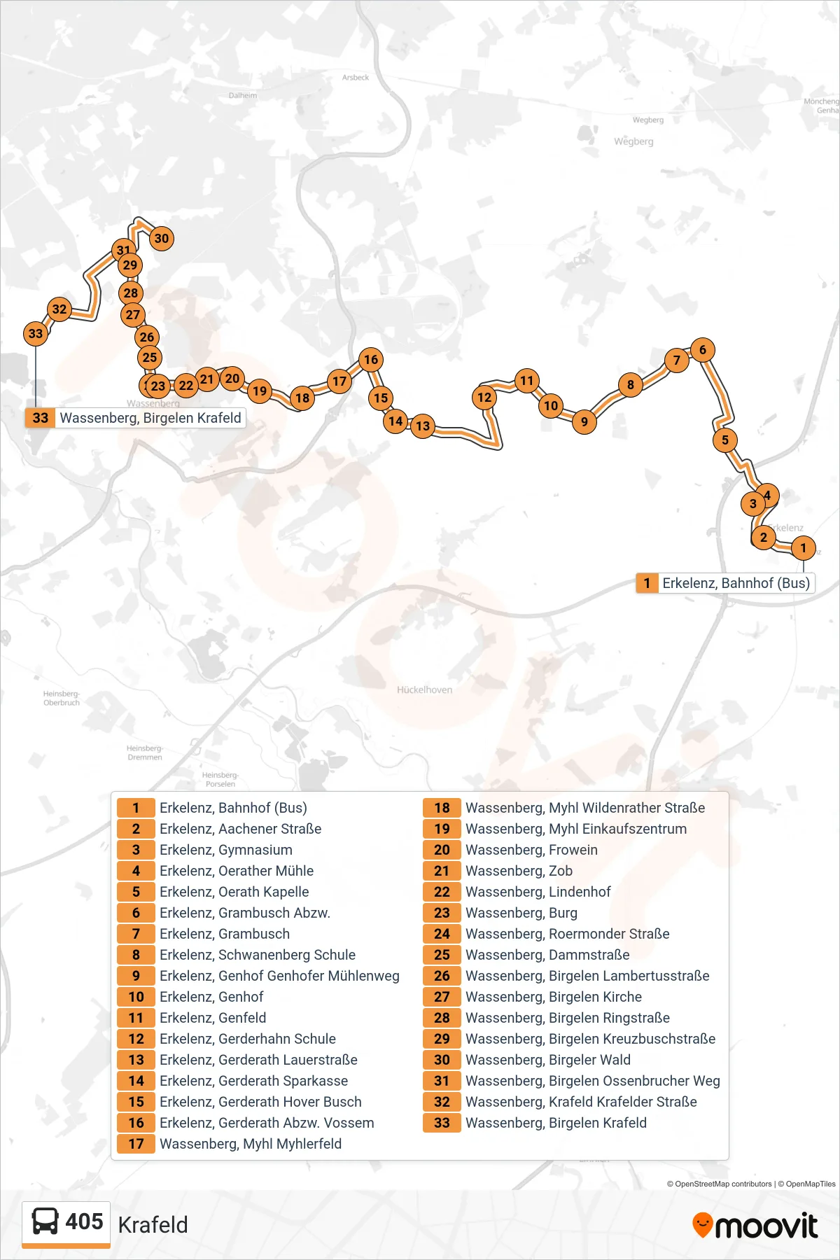 Linie 405 (Bus) Richtung Krafeld: Route und Haltestellen auf der Karte