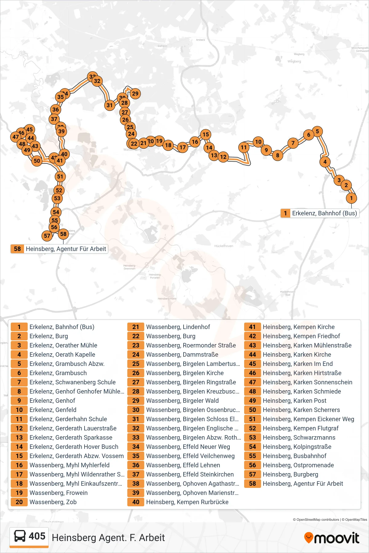 Linie 405 (Bus) Richtung Heinsberg Agent. F. Arbeit: Route und Haltestellen auf der Karte