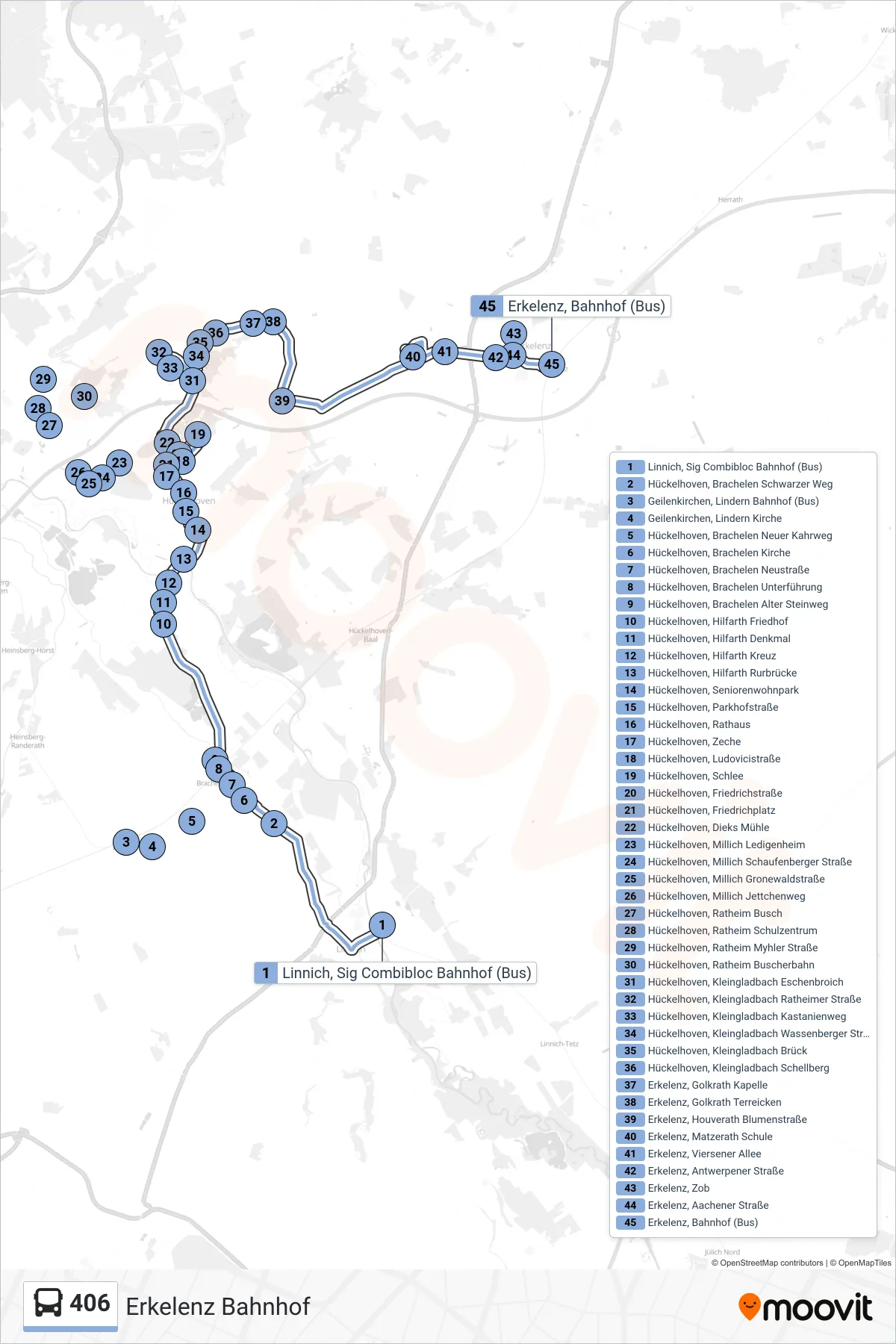 406 bus Line (Erkelenz Bahnhof) route and stops on a map