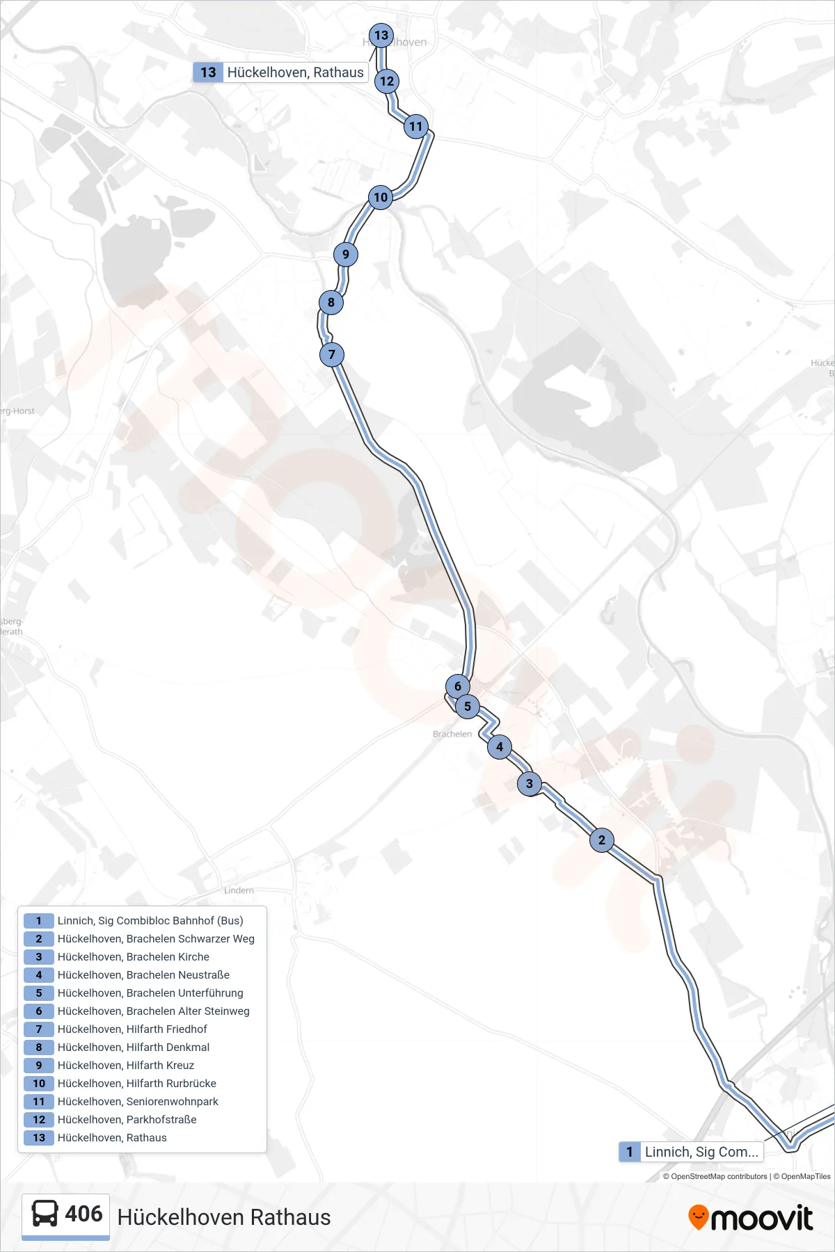 Linie 406 (Bus) Richtung Hückelhoven Rathaus: Route und Haltestellen auf der Karte